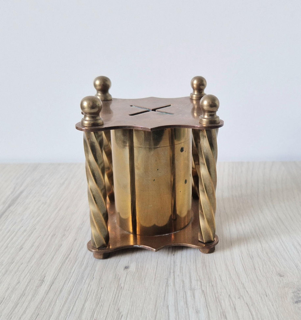 Rare Arts & Crafts Copper And Brass Folk Art Twisted Pillar Desk Money Box