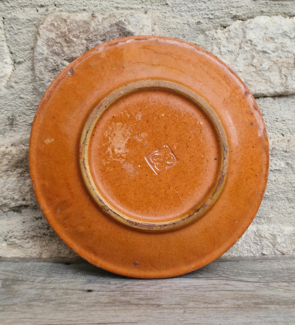 Vintage French Rustic BIOT Ceramic Double Cross Motif Dessert Plate