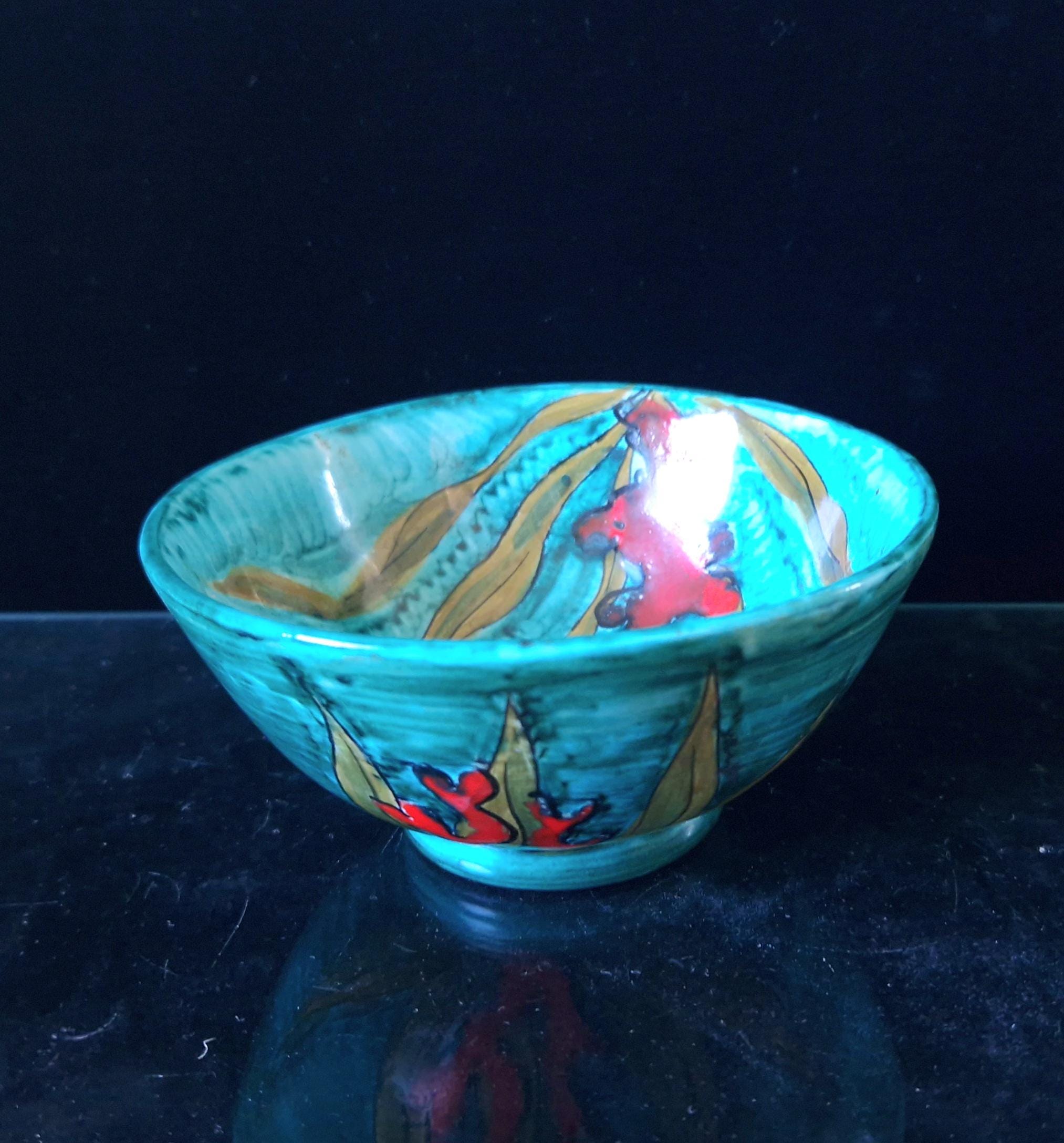 Vintage Turquoise Italian Elba Ceramic Small Footed Dish with Fish Decoration