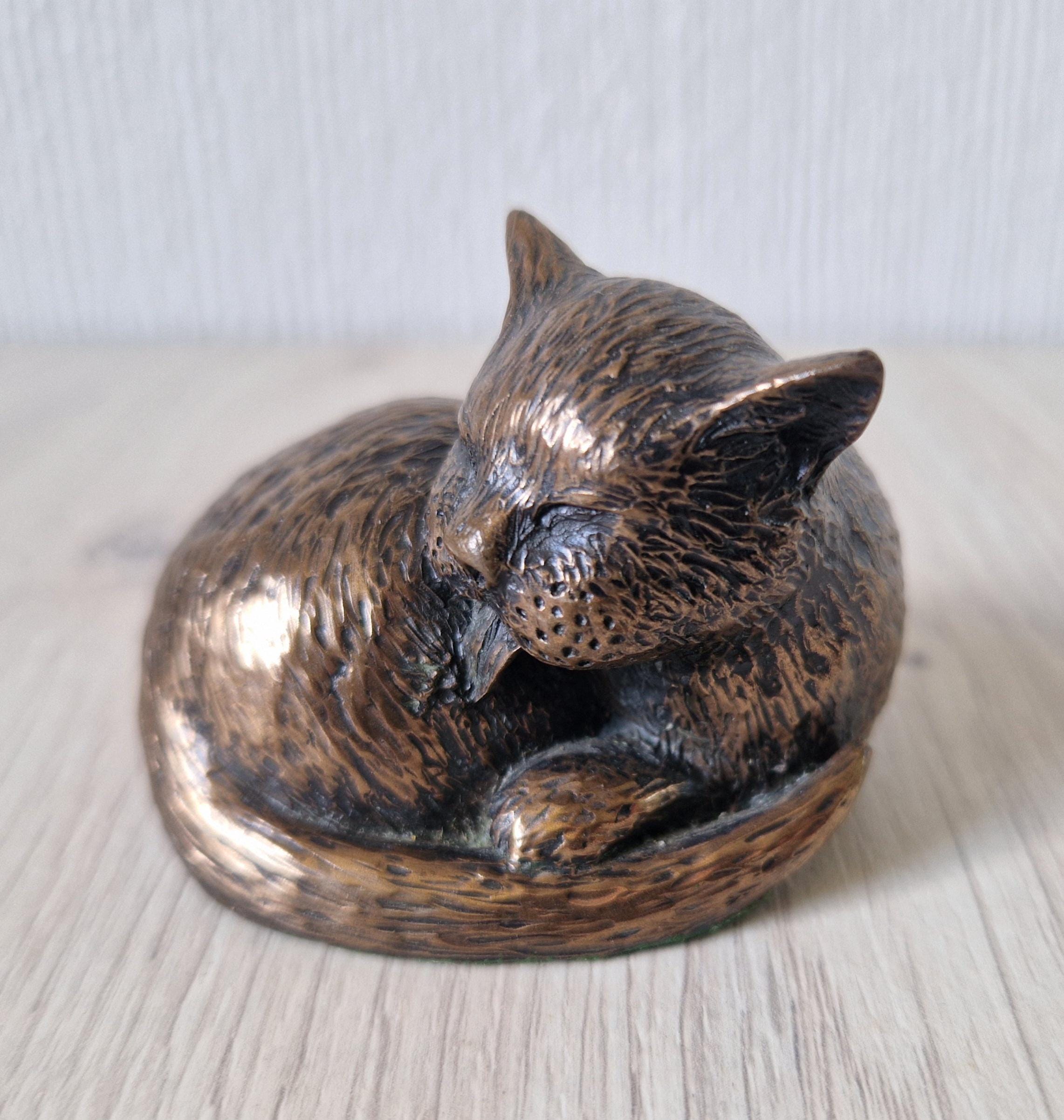 Vintage Cold Cast Bronze Resin Curled Licking Cat Figure Ornament