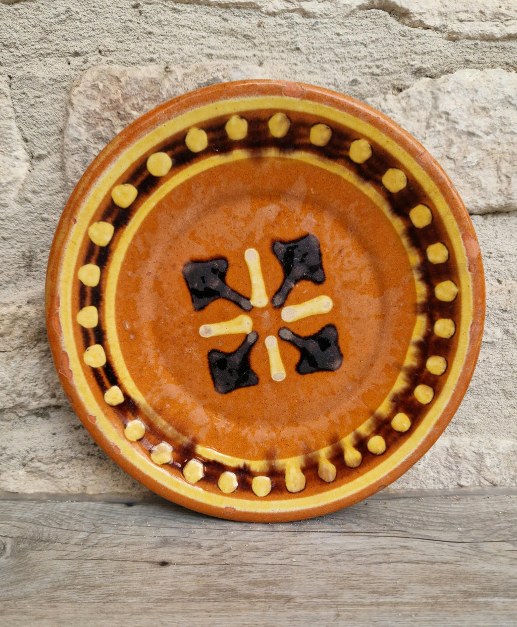 Vintage French Rustic BIOT Ceramic Double Cross Motif Dessert Plate