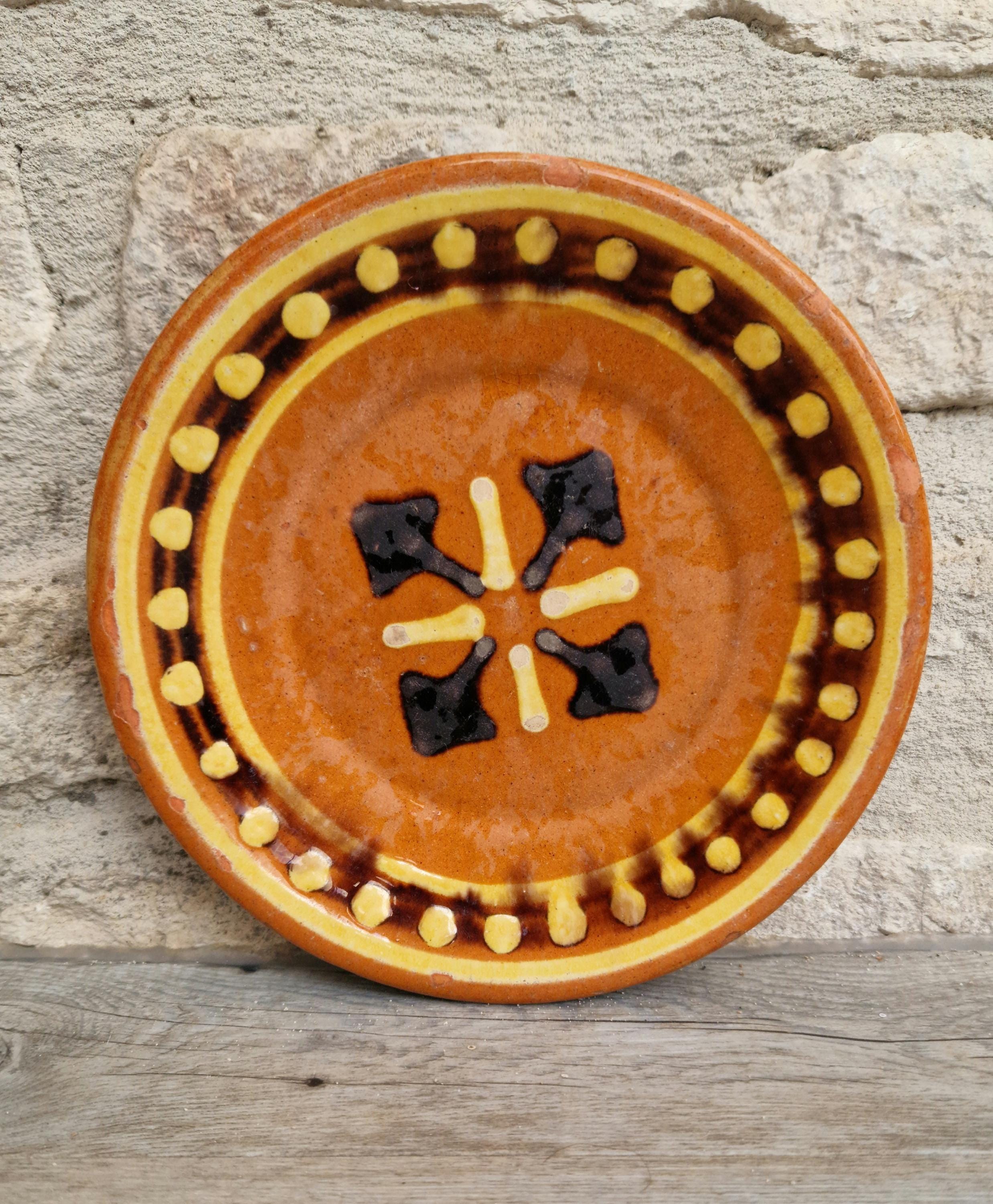 Vintage French Rustic BIOT Ceramic Double Cross Motif Dessert Plate