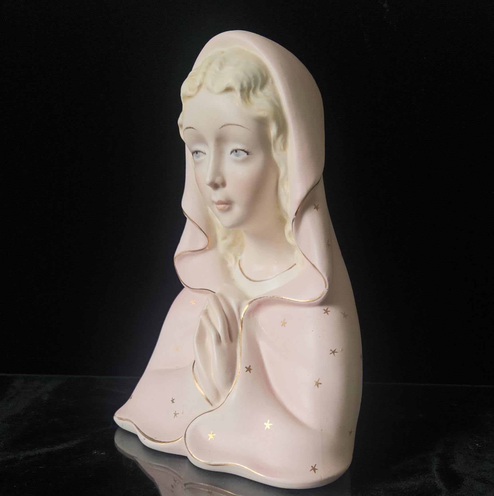 Vintage Virgin Mary Praying Madonna Figure Italian Porcelain Ornament Pink & Gold (17cm) Religous Gift
