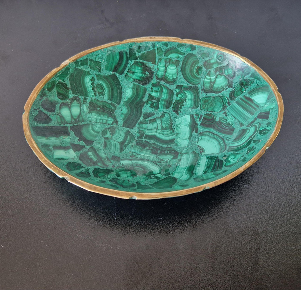Fine Midcentury Malachite & Brass Oval Vide Poche Catch-All Decorative Bowl