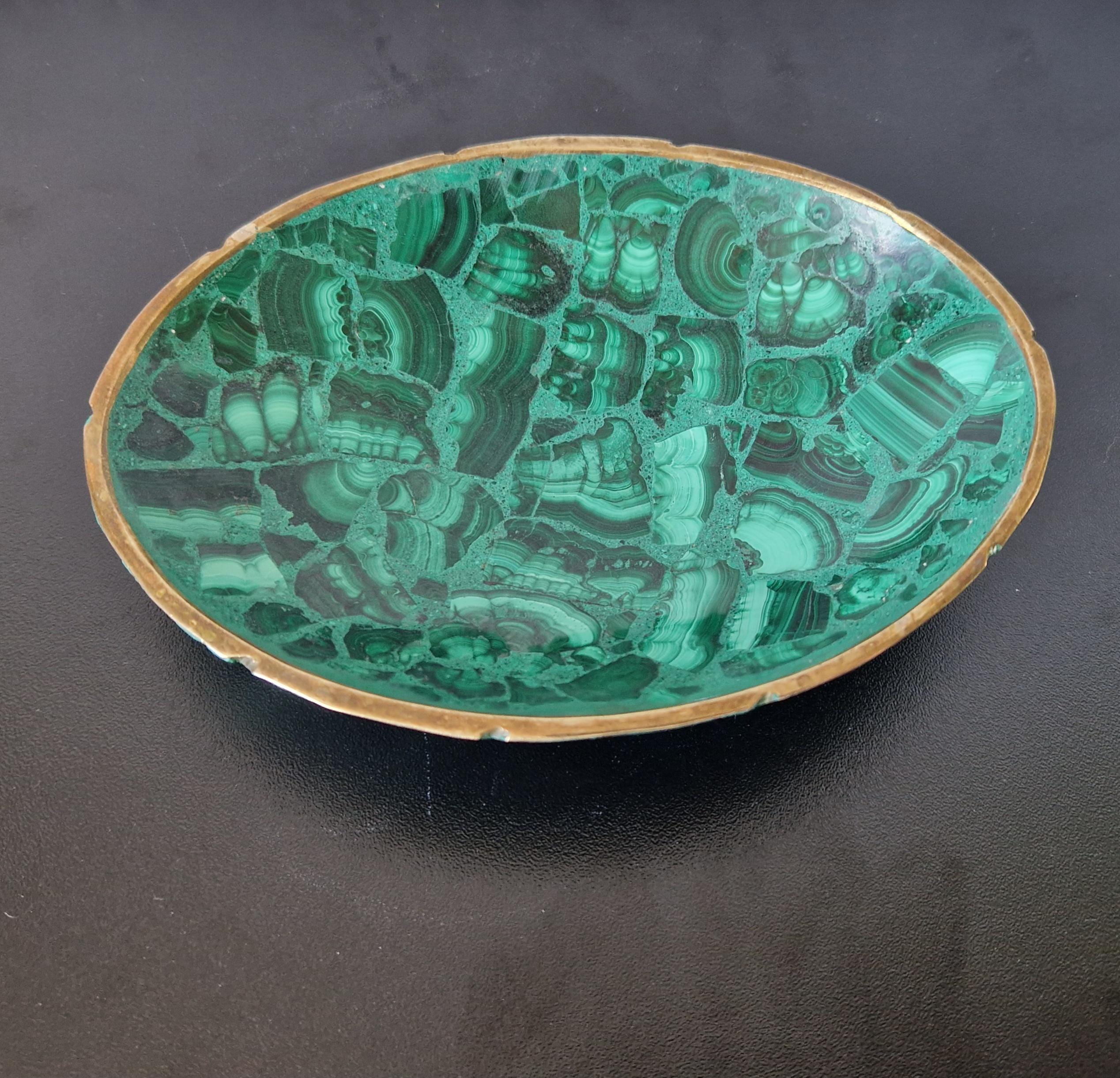 Fine Midcentury Malachite & Brass Oval Vide Poche Catch-All Decorative Bowl