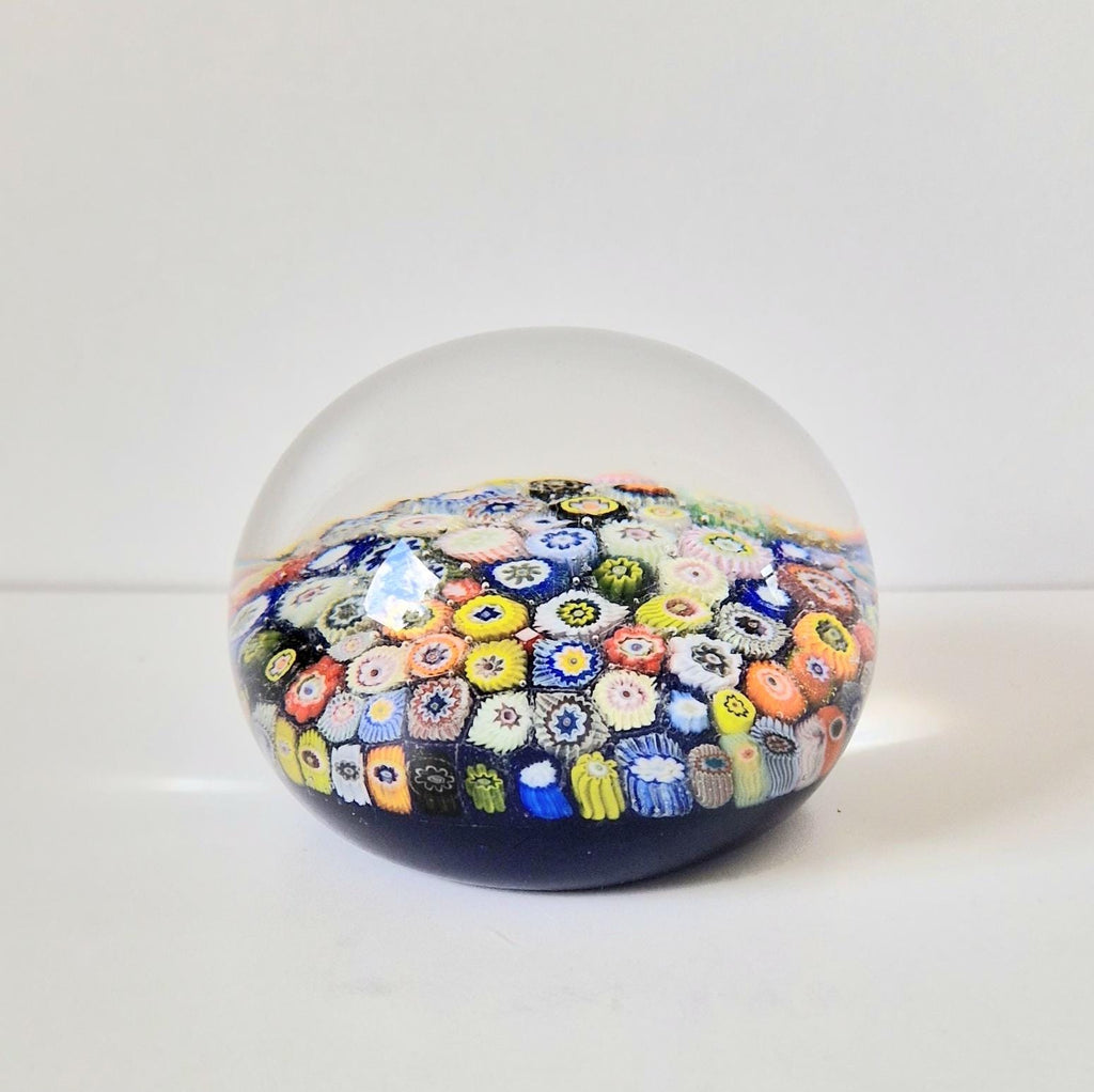 Vintage Strathearn Scottish Glass Millifiore Close Pack Blue Ground Paperweight 8cm