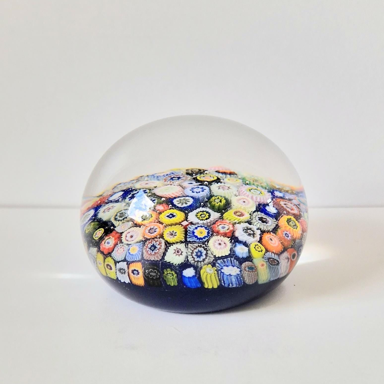 Vintage Strathearn Scottish Glass Millifiore Close Pack Blue Ground Paperweight 8cm