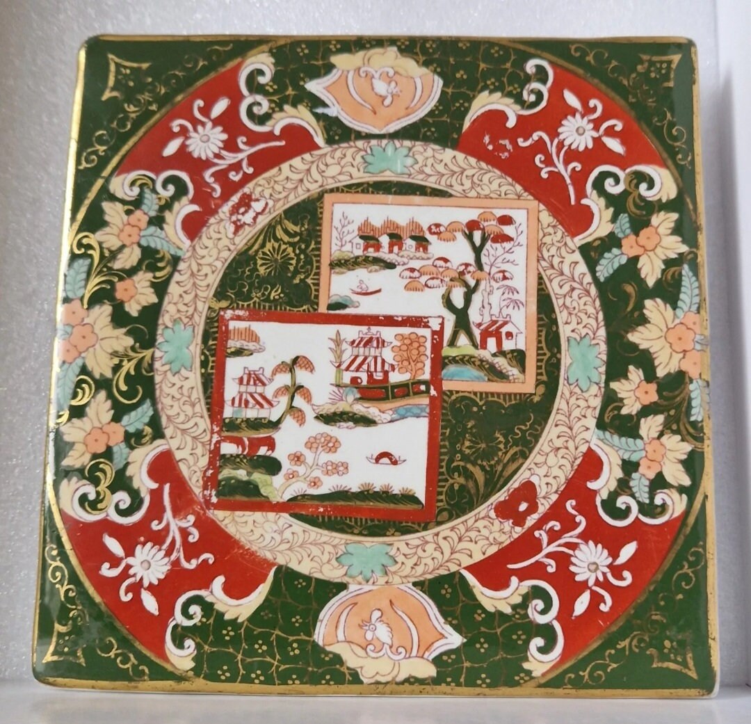 Antique Ashworth Bros. Masons Ironstone Trivet Double Landscape Pattern Square Imari Rare 19th Century