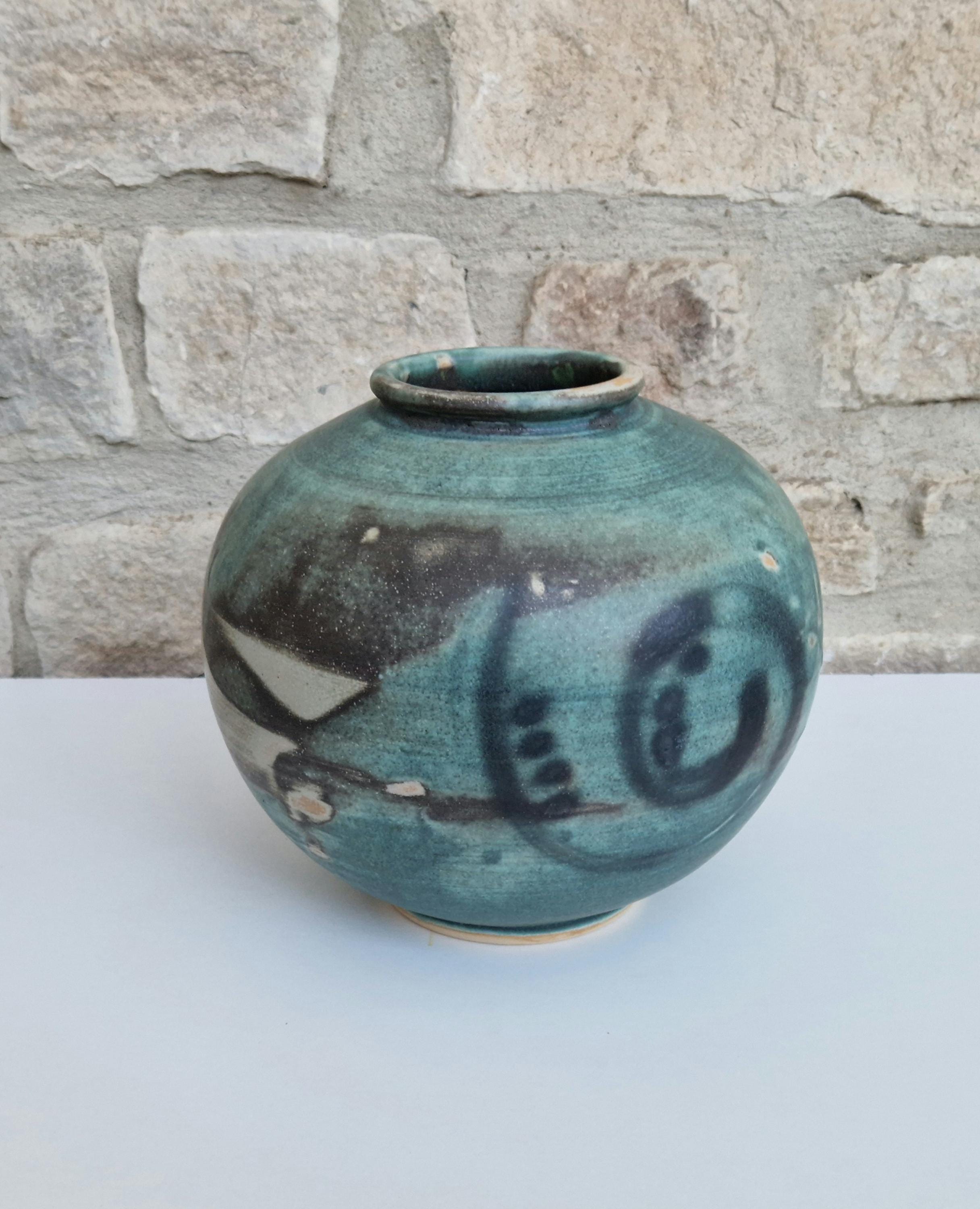 Large Vintage Raku Studio Art Pottery Aqua Glaze Globe Vase Signed