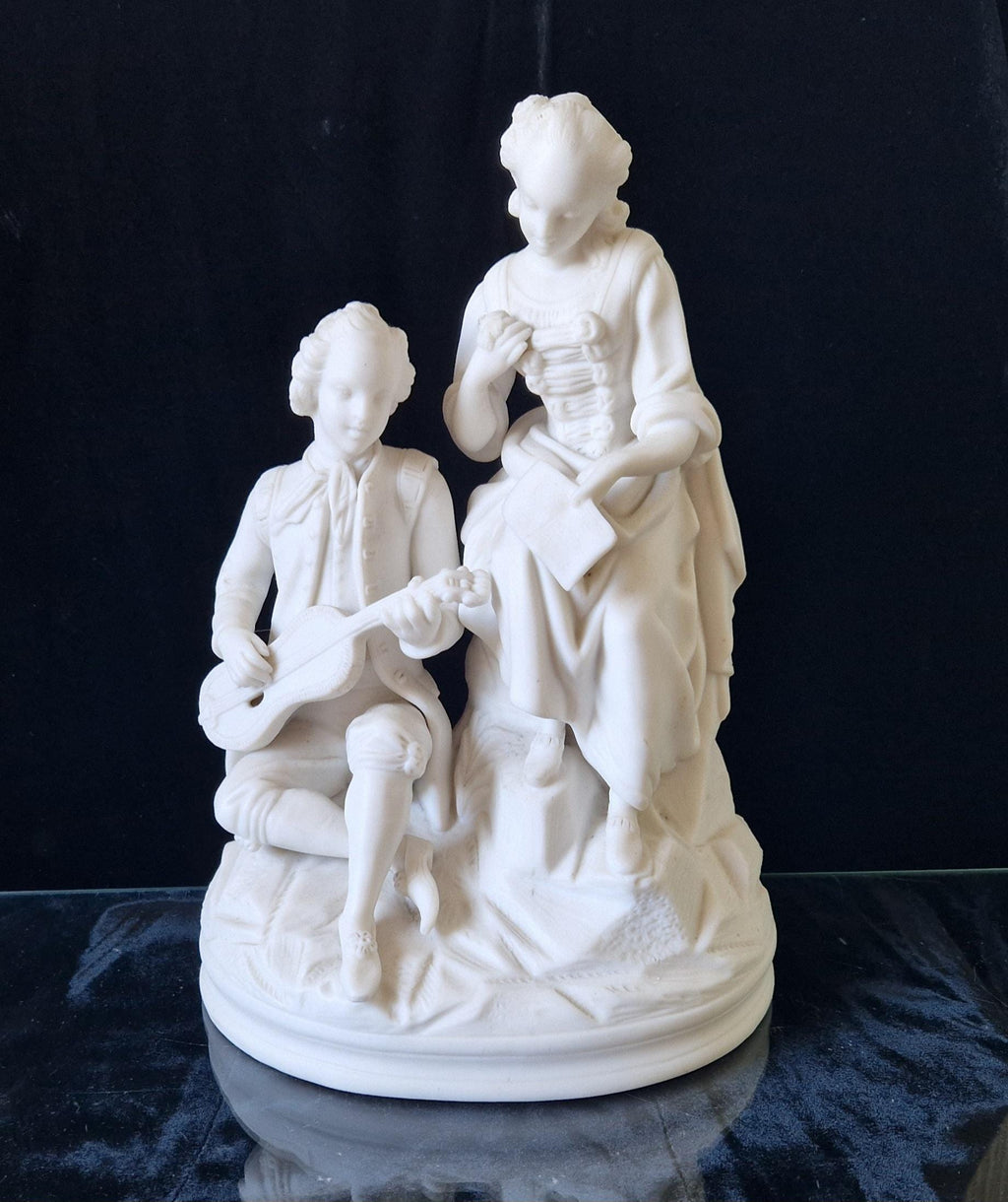 Antique Parian Ware Figural Group Young Lovers With Guitar & Music Book On Plinth