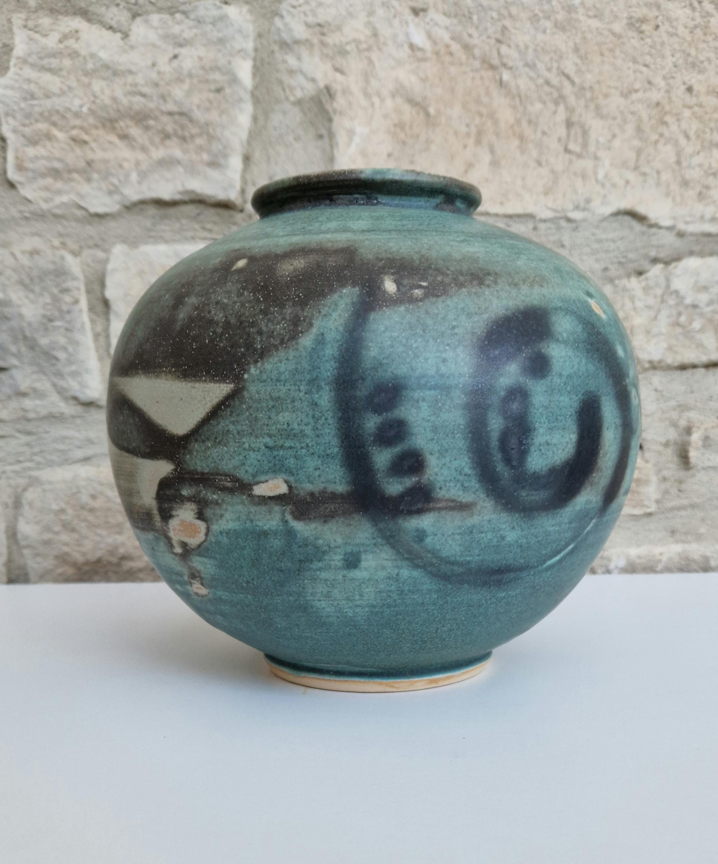 Large Vintage Raku Studio Art Pottery Aqua Glaze Globe Vase Signed