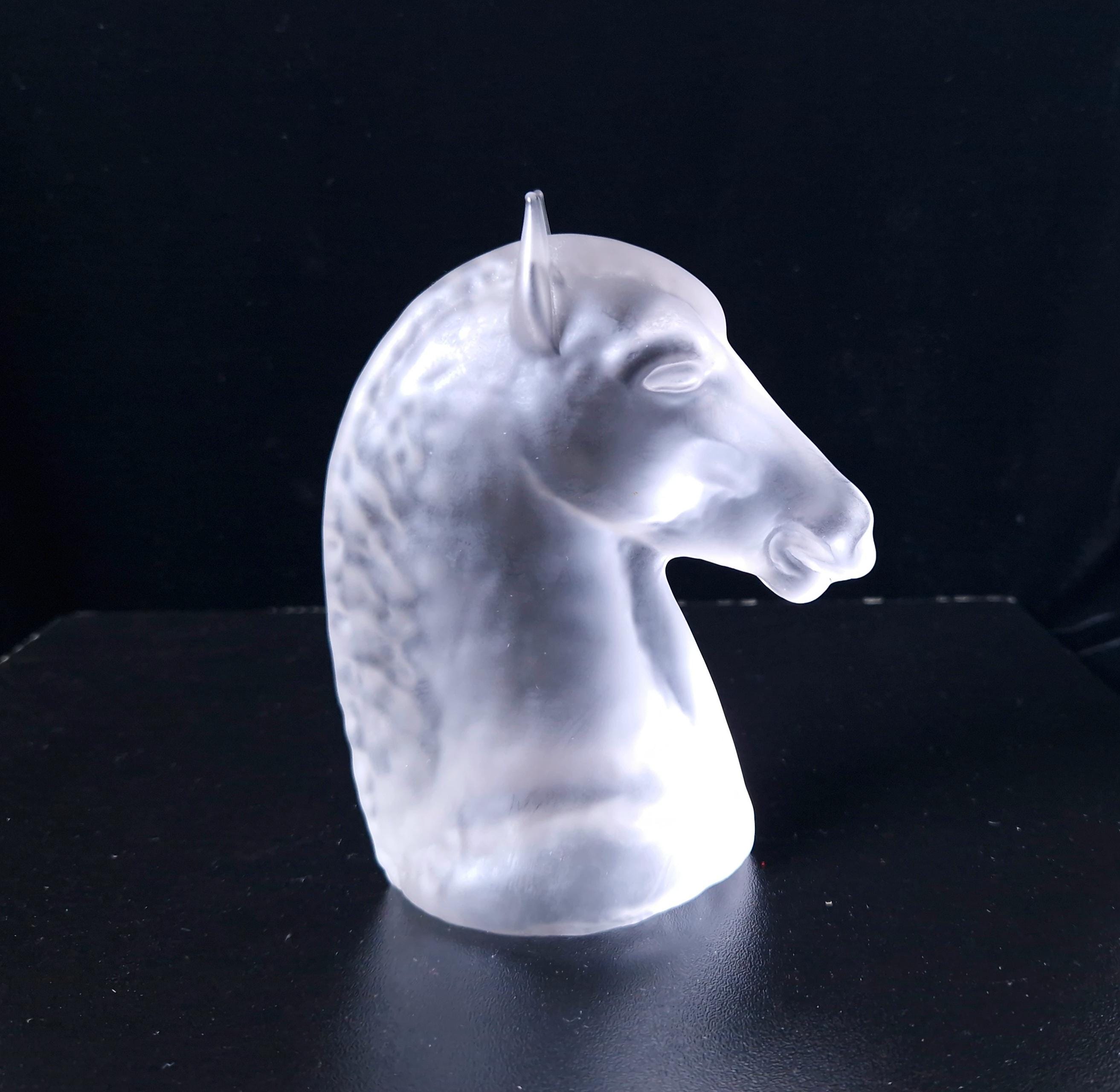 Vintage Frosted Glass Art Deco Style Horse Head Figure Paperweight 13cm