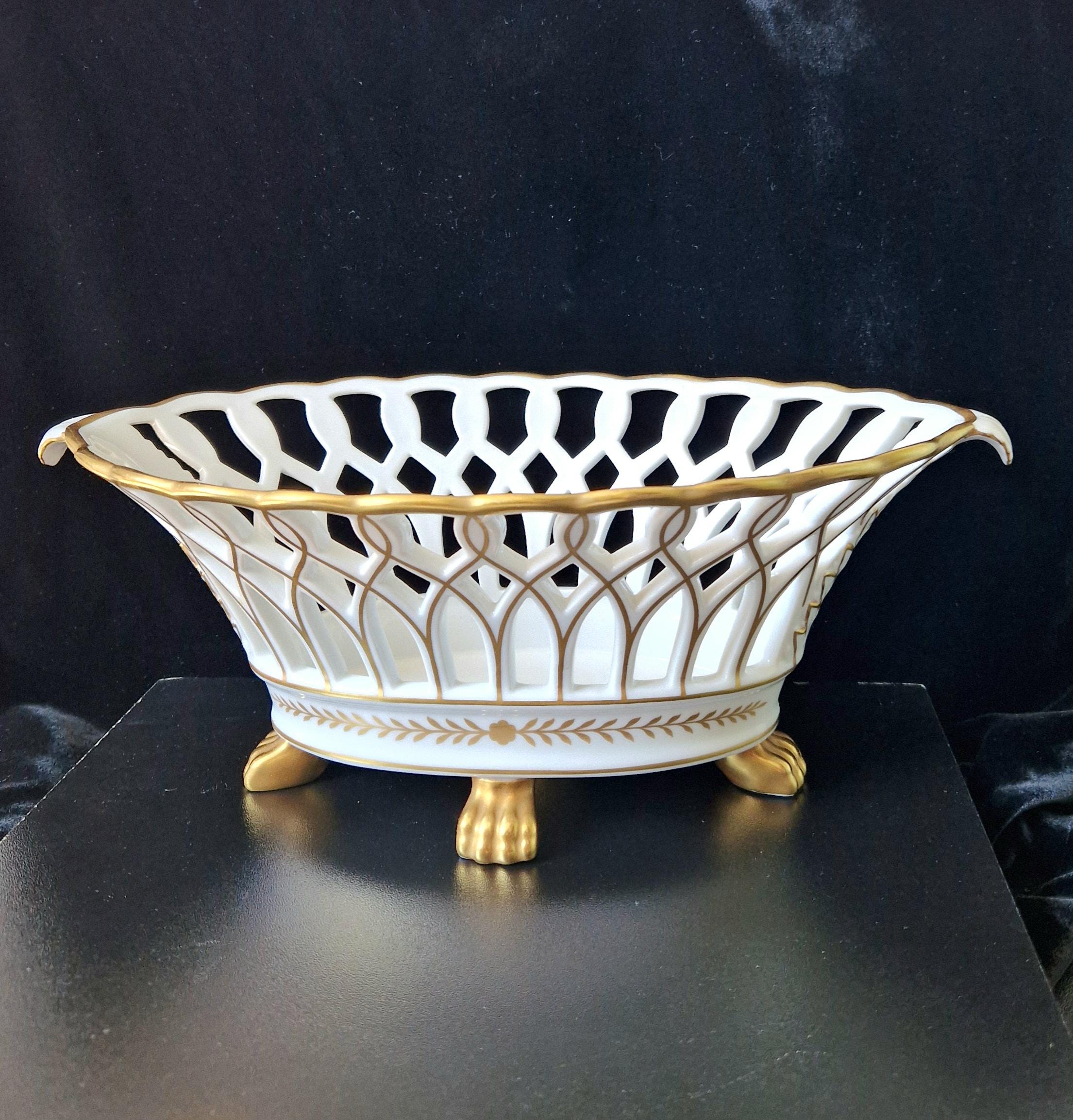 Large Vista Alegre Reticulated White & Gold Ceramic Basket Fruit Bowl Old Paris Style