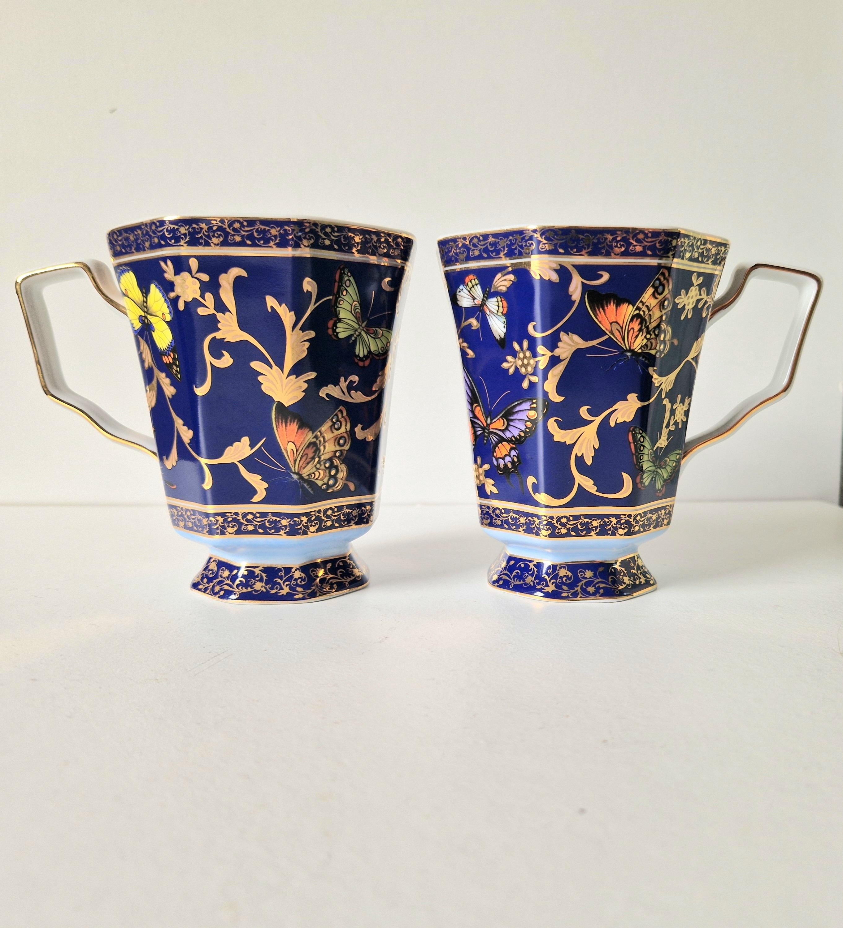 Vintage Butterfly Mugs Past Times Dark Blue & Gold, Set of 2