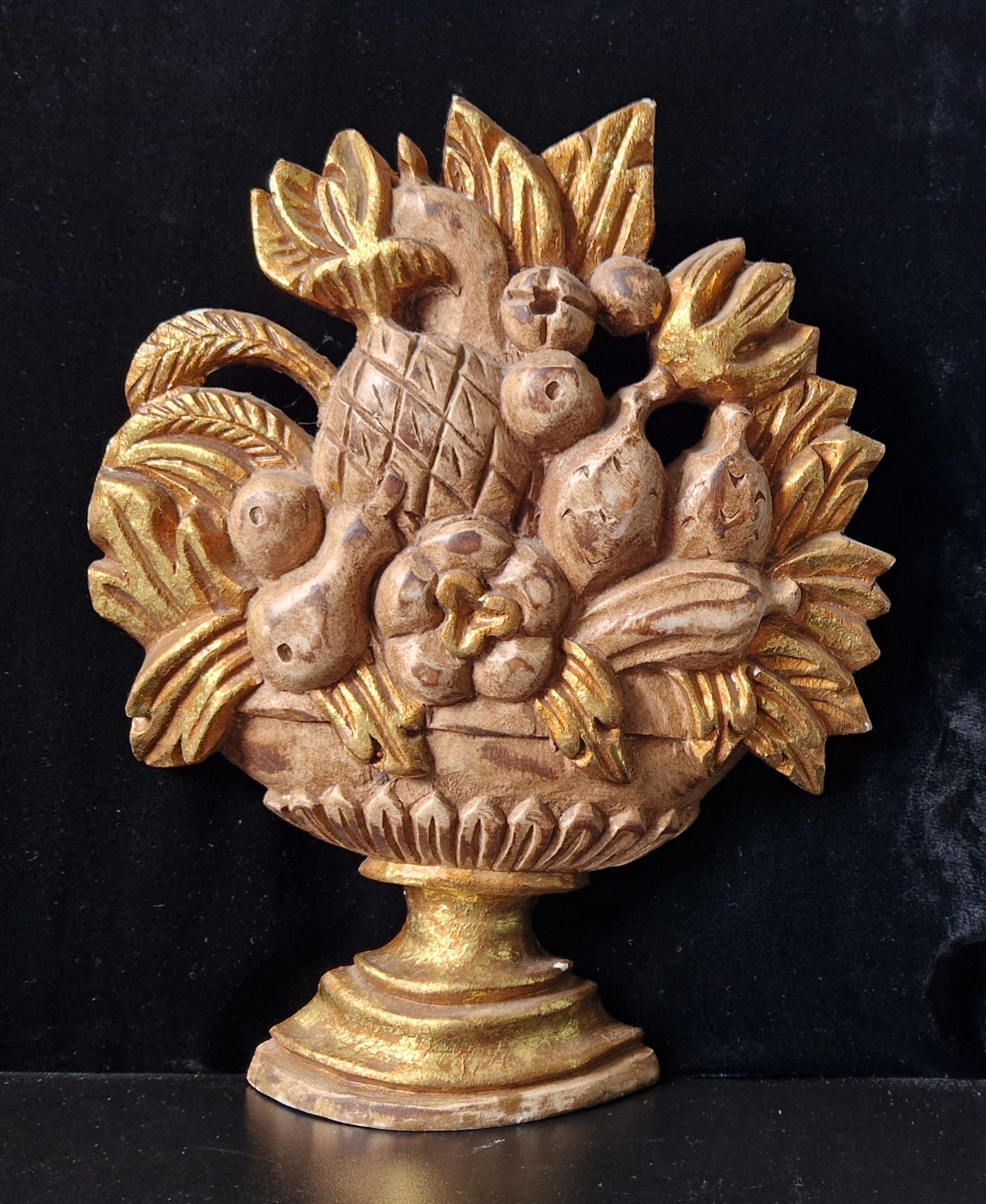 Vintage Carved Gilt Wood Fruit Basket Ornate Decorative Wall Plaque 29cm