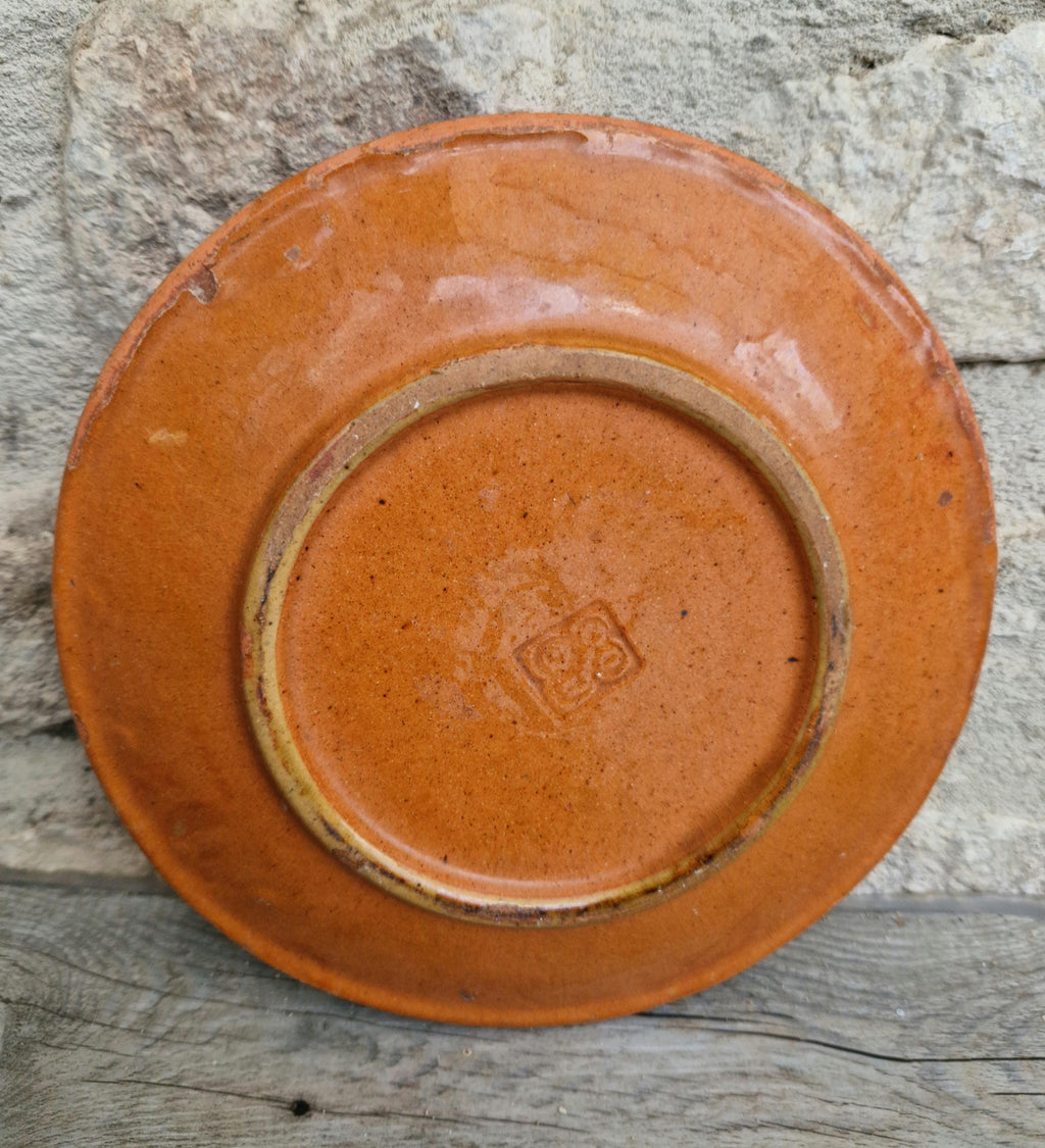 Vintage French Rustic BIOT Ceramic Double Cross Motif Dessert Plate