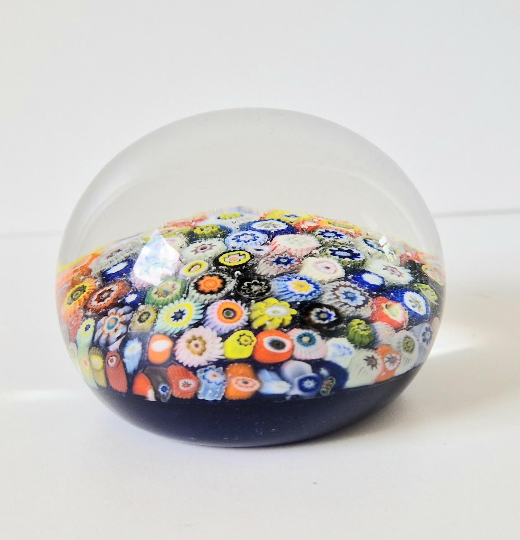 Vintage Strathearn Scottish Glass Millifiore Close Pack Blue Ground Paperweight 8cm