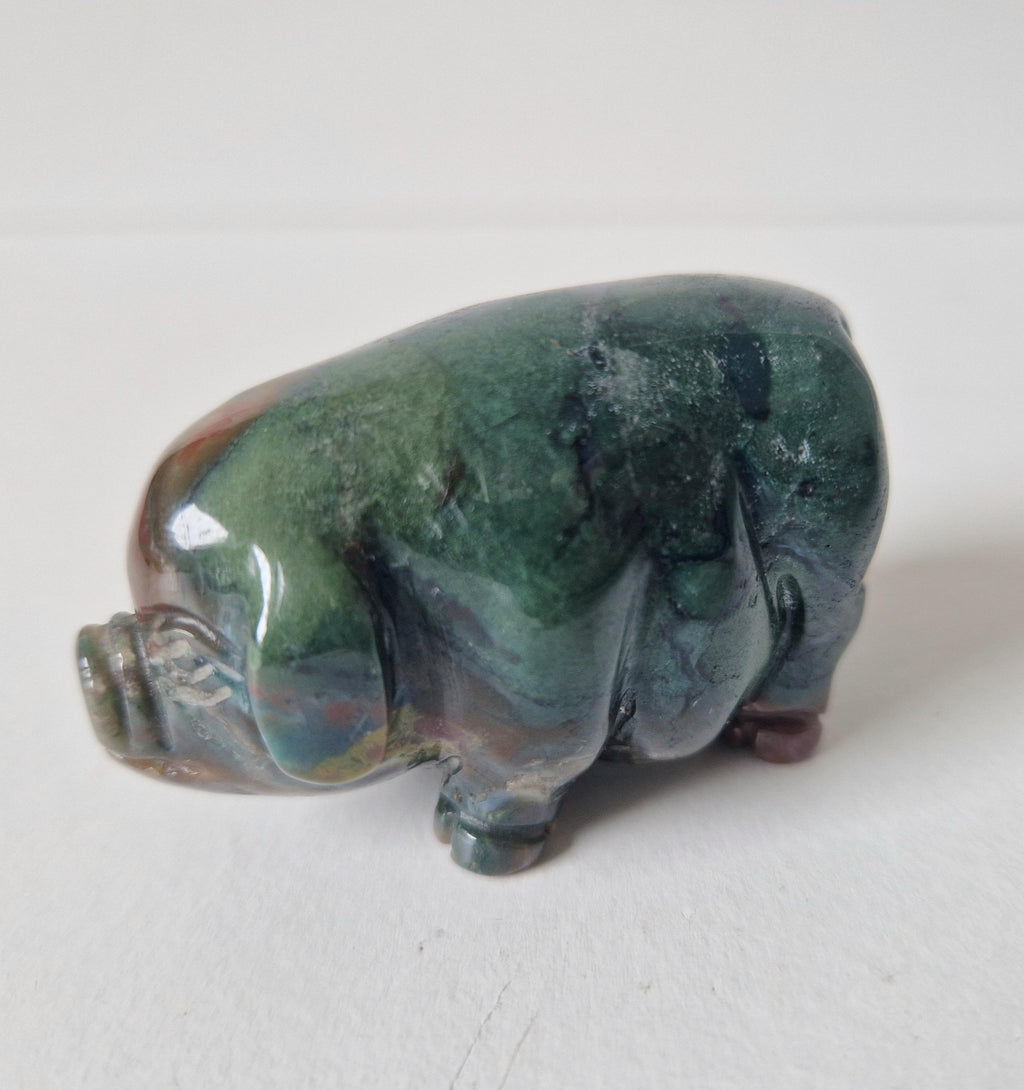Vintage Fine Carved Moss Agate Standing Pig Figure Ornament 6.3cm