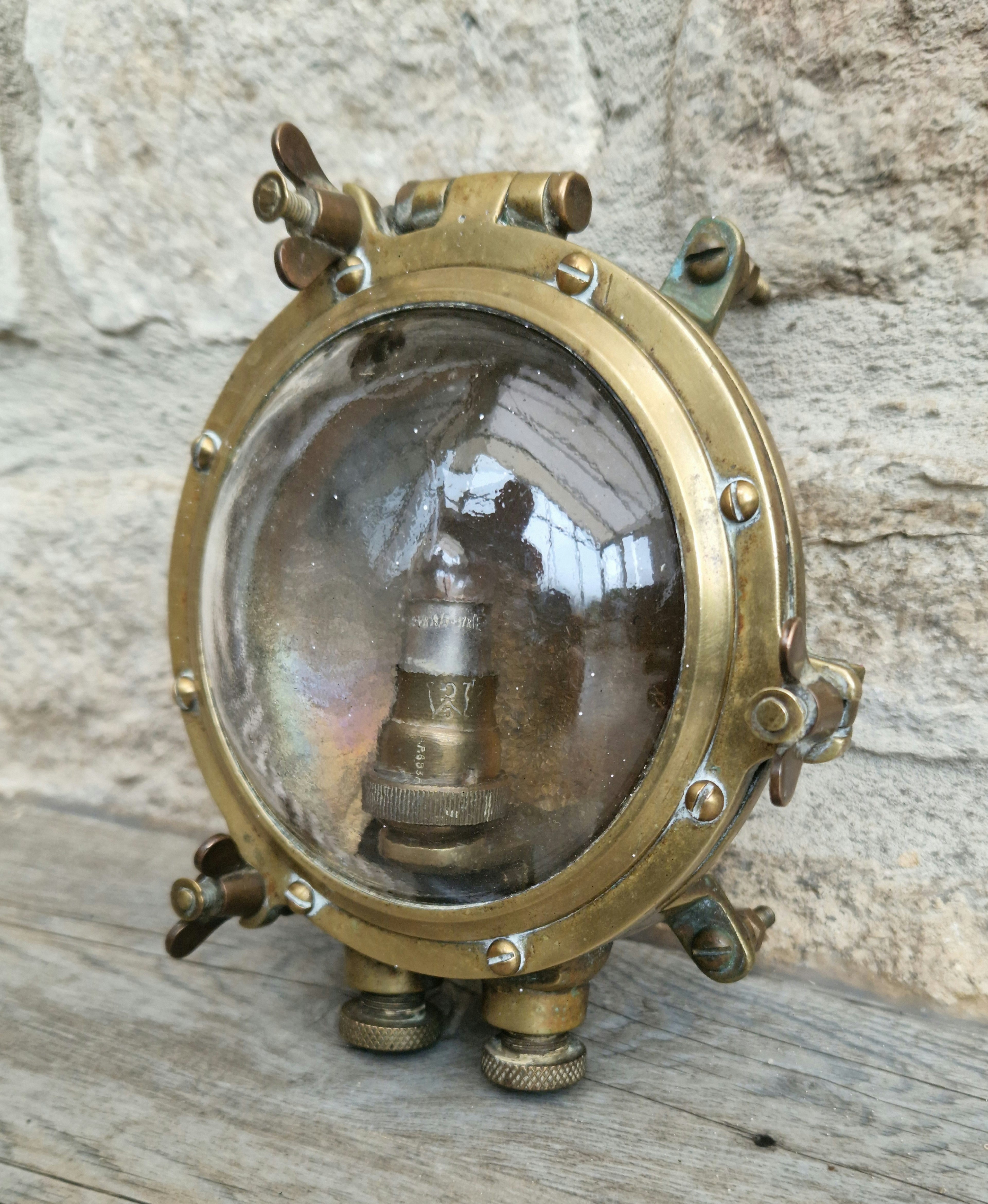 Rare Original Antique Solid Brass Submarine 'Turtle' Bulkhead Wall Light Fixture