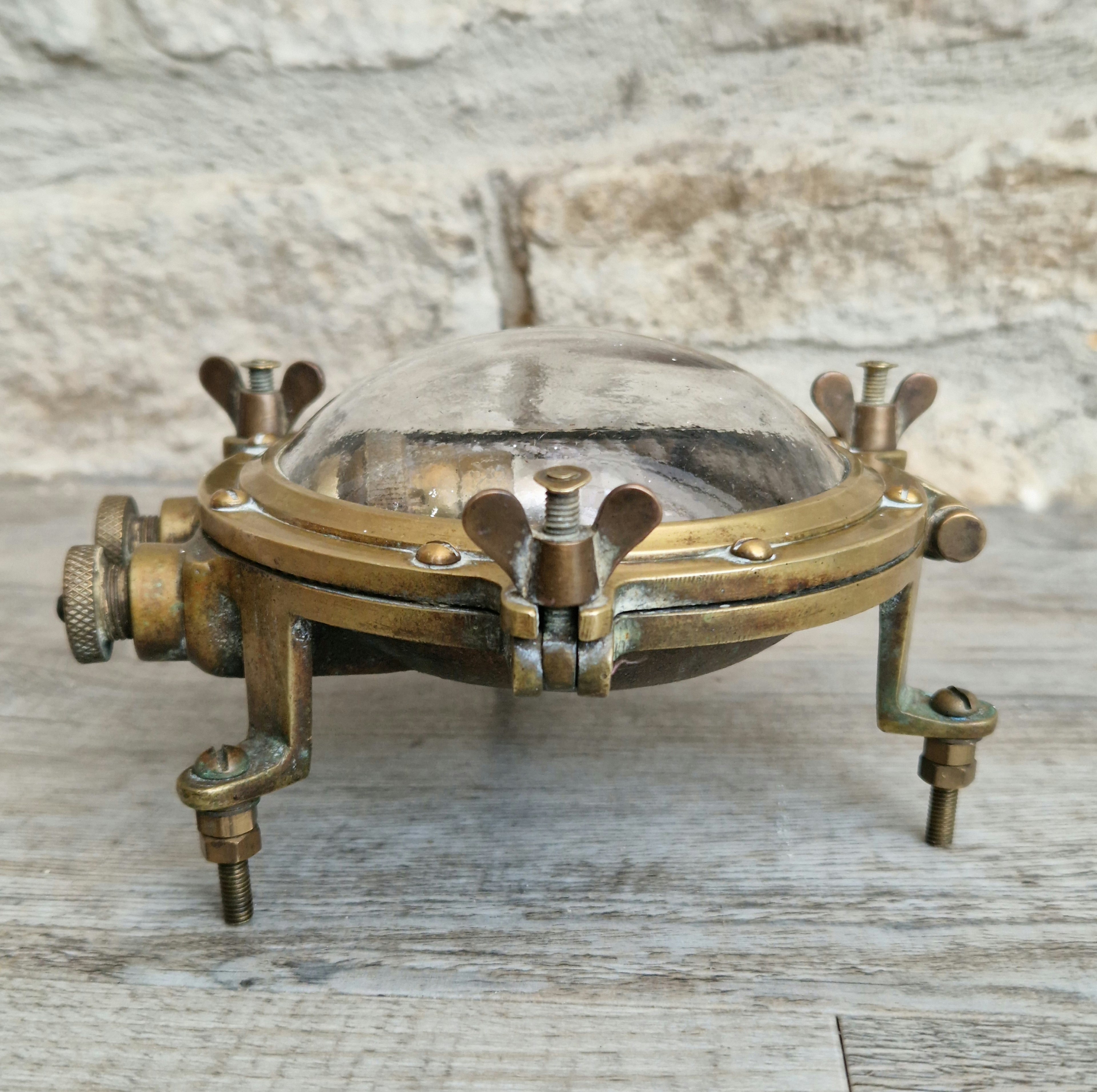 Rare Original Antique Solid Brass Submarine 'Turtle' Bulkhead Wall Light Fixture