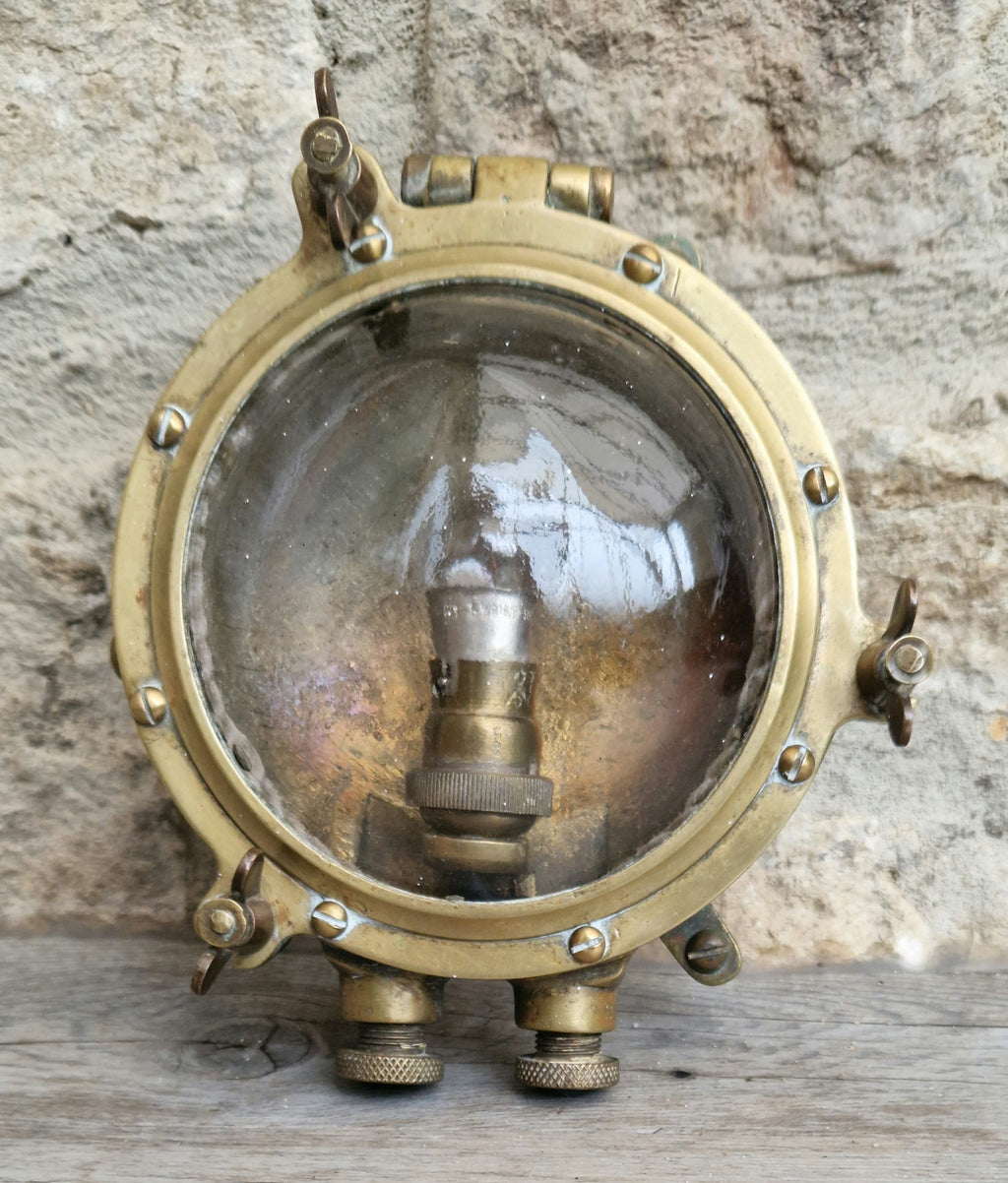 Rare Original Antique Solid Brass Submarine 'Turtle' Bulkhead Wall Light Fixture