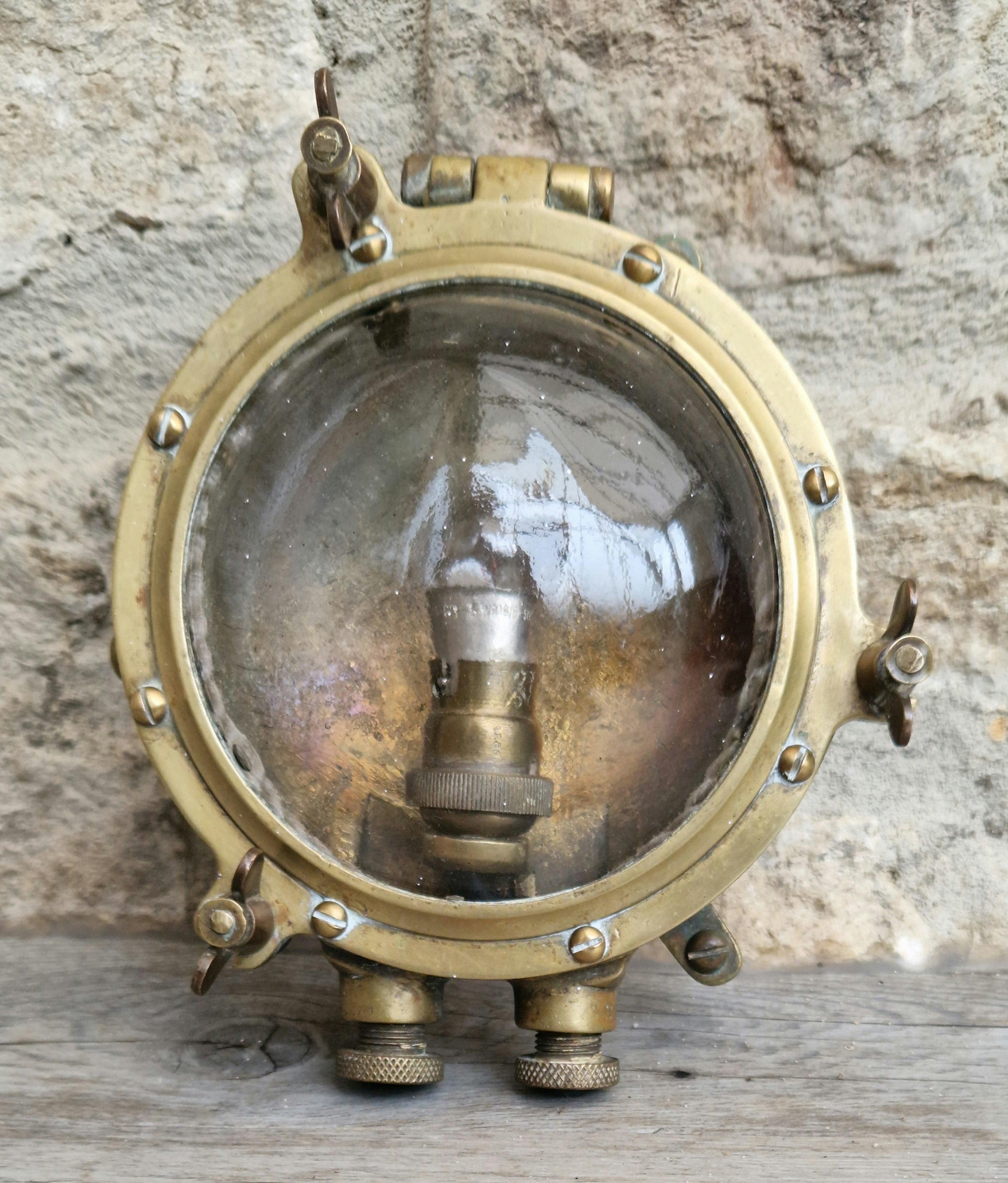 Rare Original Antique Solid Brass Submarine 'Turtle' Bulkhead Wall Light Fixture
