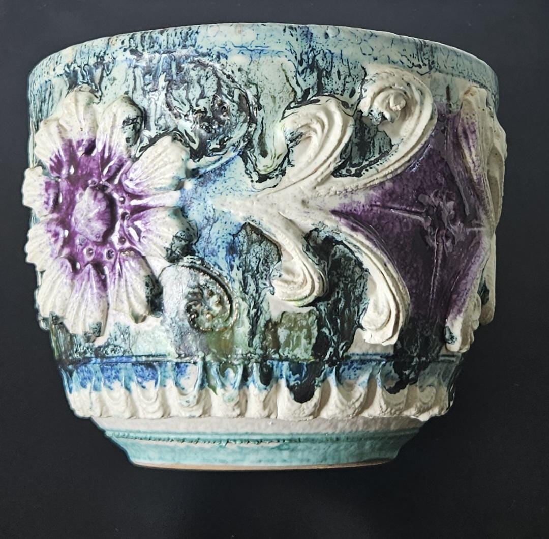 Vintage Large Textured Italian Planter Plant Pot Purple Greens White 14cm Tall X 17cm Diameter