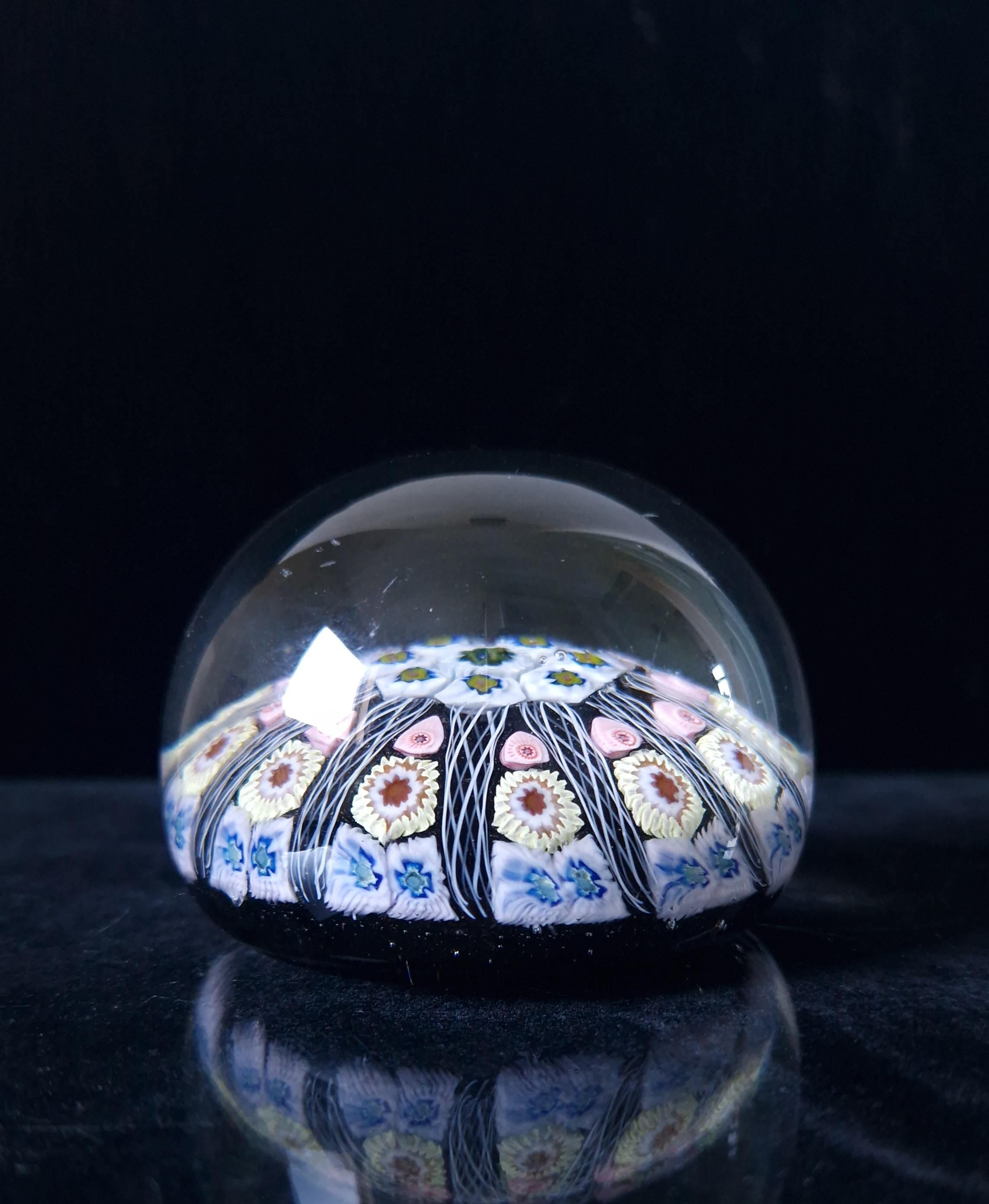 Vintage Strathearn Art Glass Paperweight 11 Spoke Millefiori with Filligree on Purple Ground