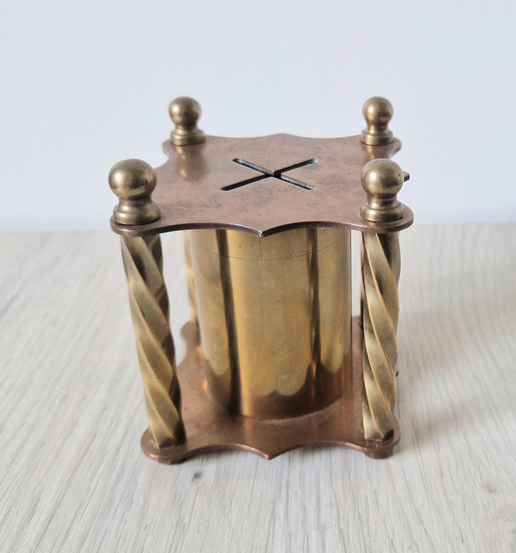 Rare Arts & Crafts Copper And Brass Folk Art Twisted Pillar Desk Money Box