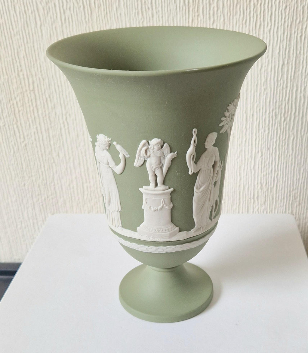 Wedgwood Sage Green Jasperware Arcadian Pedestal Trumpet Mantle Vase - Vintage.Made in England 17cm Tall