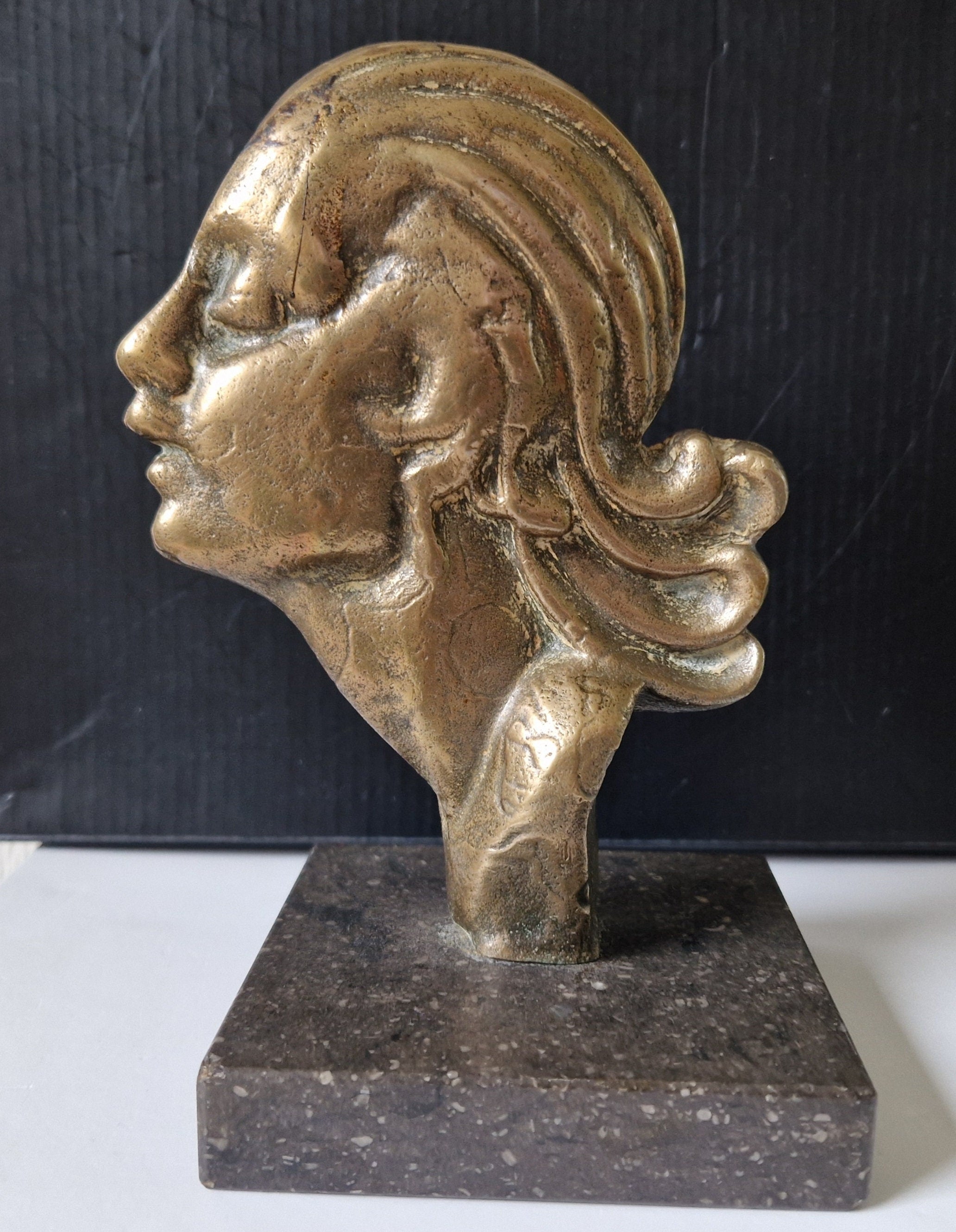 Art Deco Cast Bronze Girl's Head Profile Black Marble Mounted Desk Sculpture