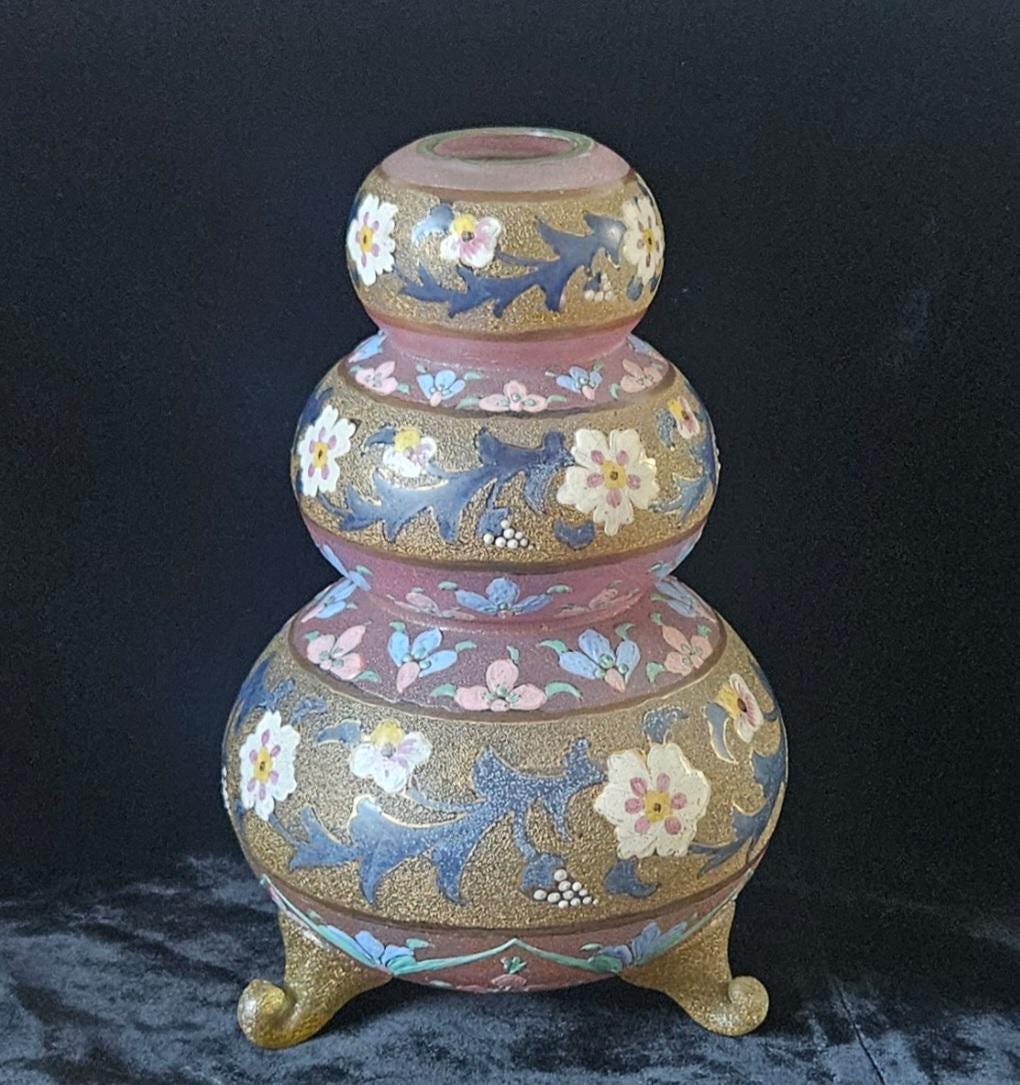 Antique Bohemian Glass Vase Pale Pink with Enamel Floral Design Flowers Rare 22cm Tall 1kg 35grams
