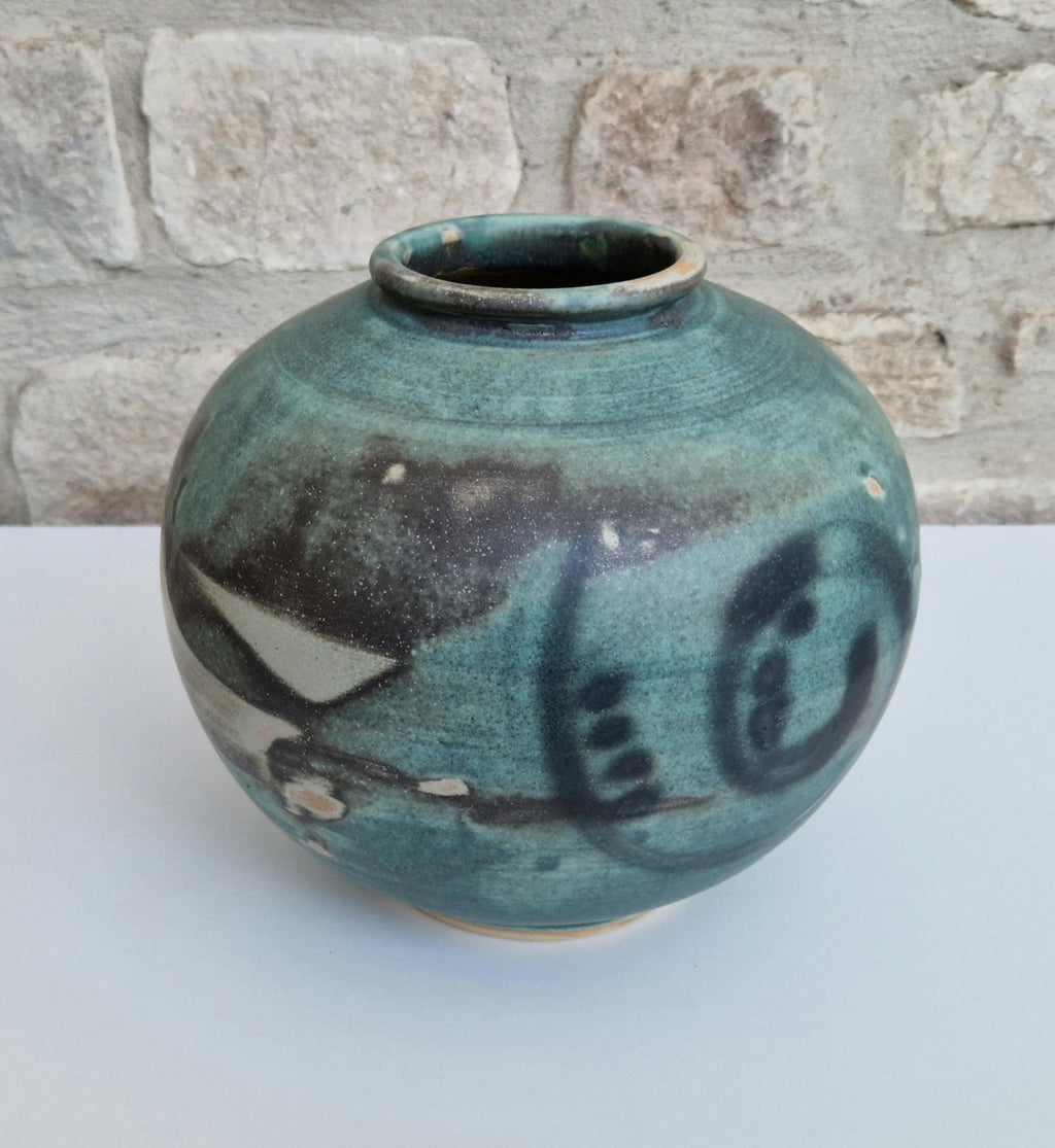 Large Vintage Raku Studio Art Pottery Aqua Glaze Globe Vase Signed