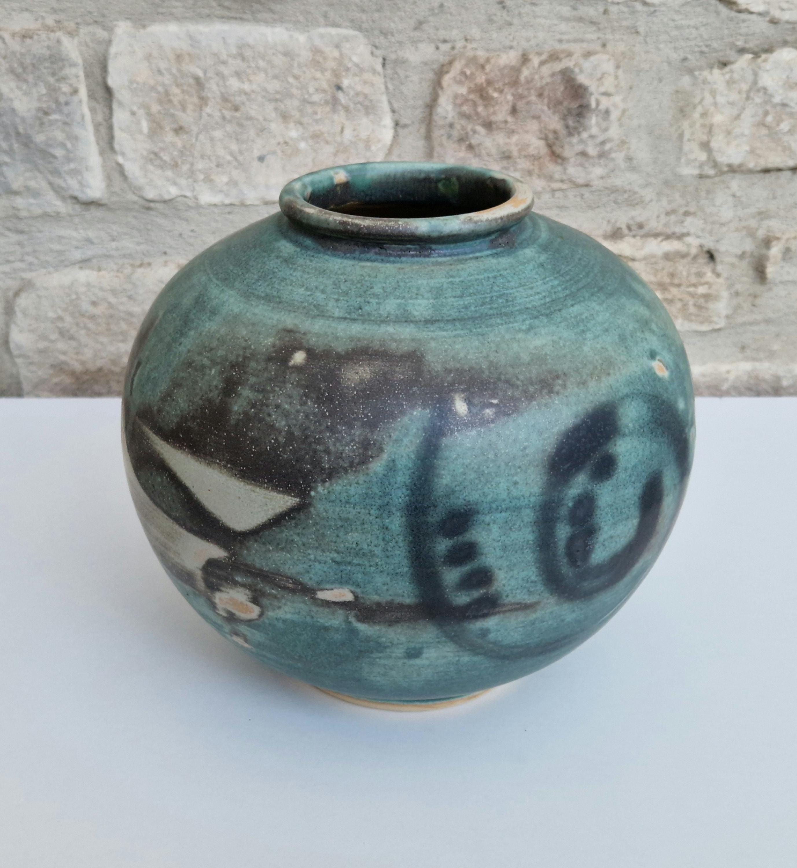 Large Vintage Raku Studio Art Pottery Aqua Glaze Globe Vase Signed