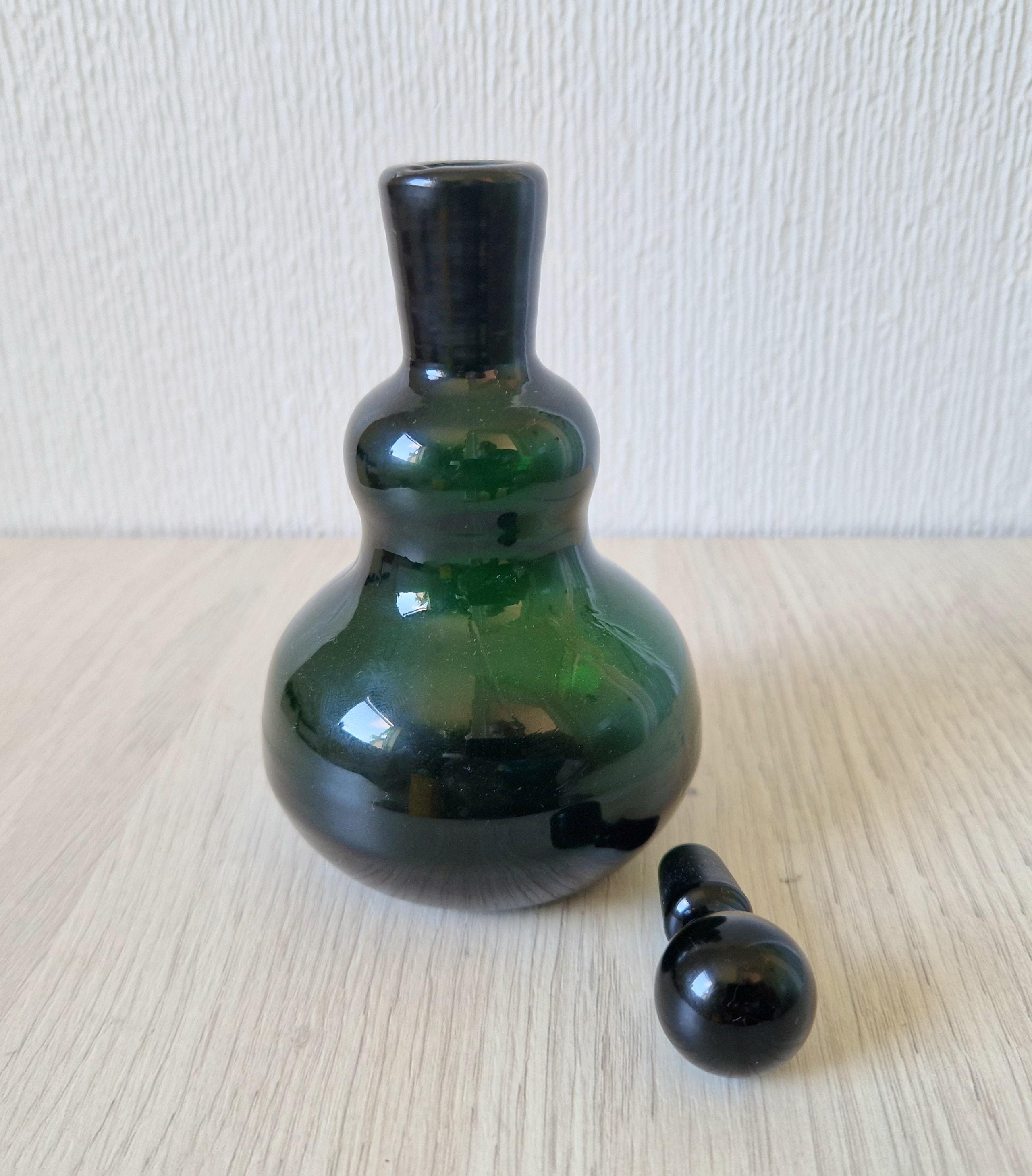 Antique Hand-Blown Dark Green Glass Small Gourd Bottle & Stopper 15cm