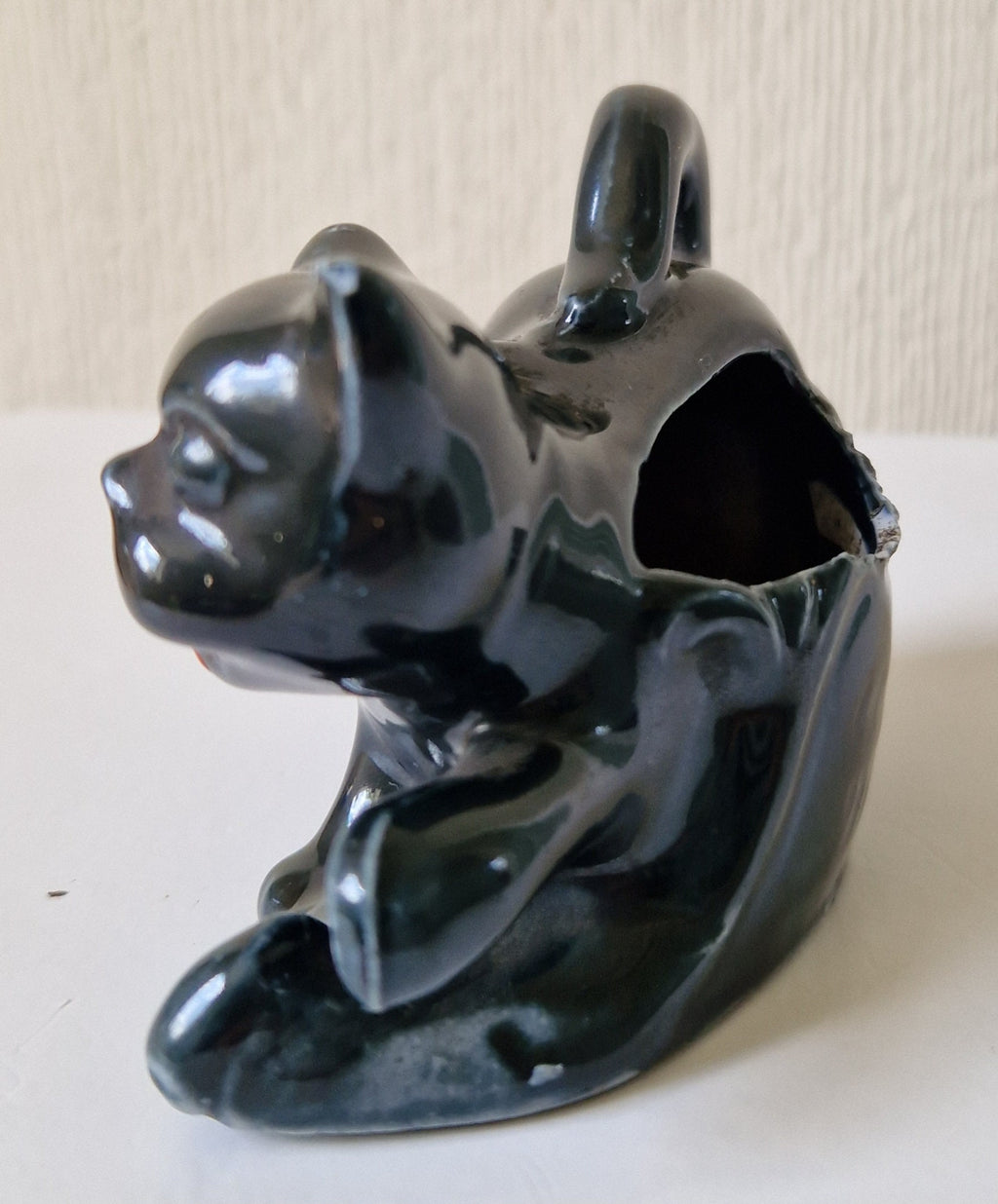 Rare Antique Glazed Pottery Dog Table Match Holder Strike Underglaze Inscription