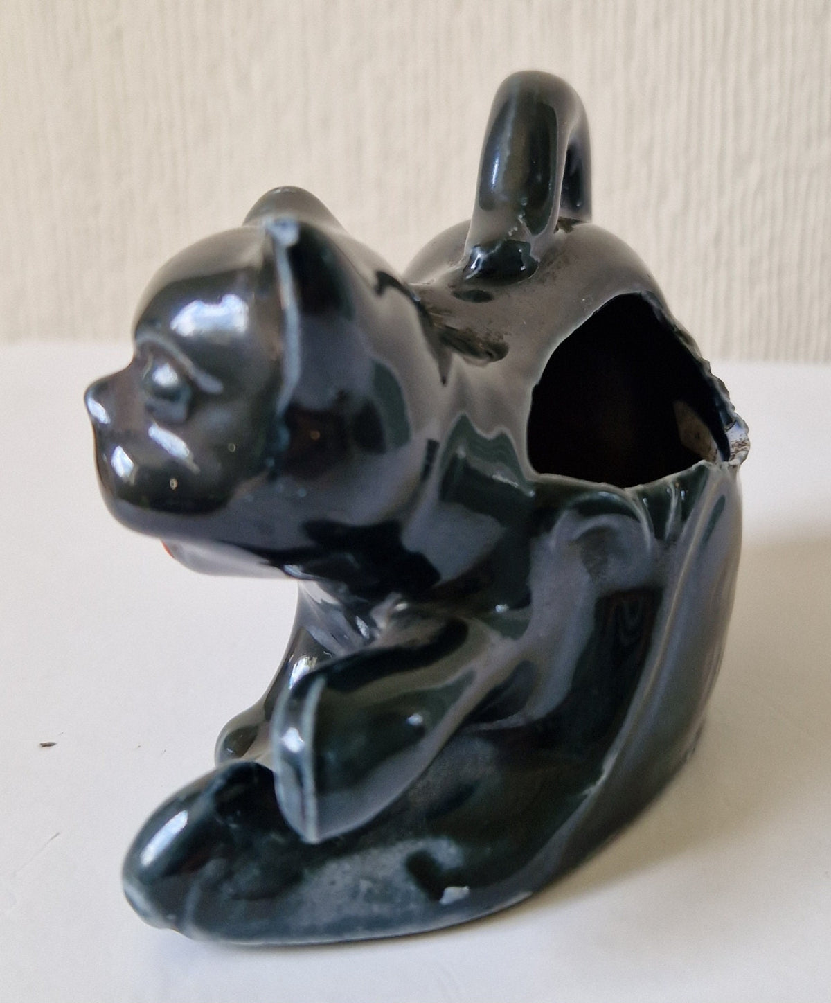 Rare Antique Glazed Pottery Dog Table Match Holder Strike Underglaze Inscription