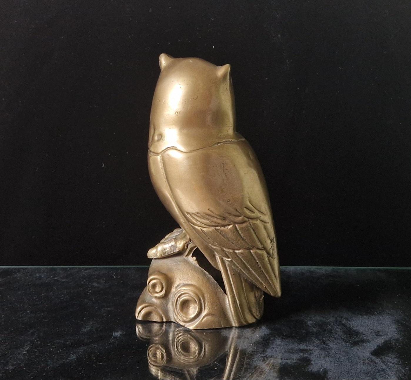 Vintage Heavy Mcm Cast Brass Owl Figure Ornament Scandi Style 16cm Tall Unpolished