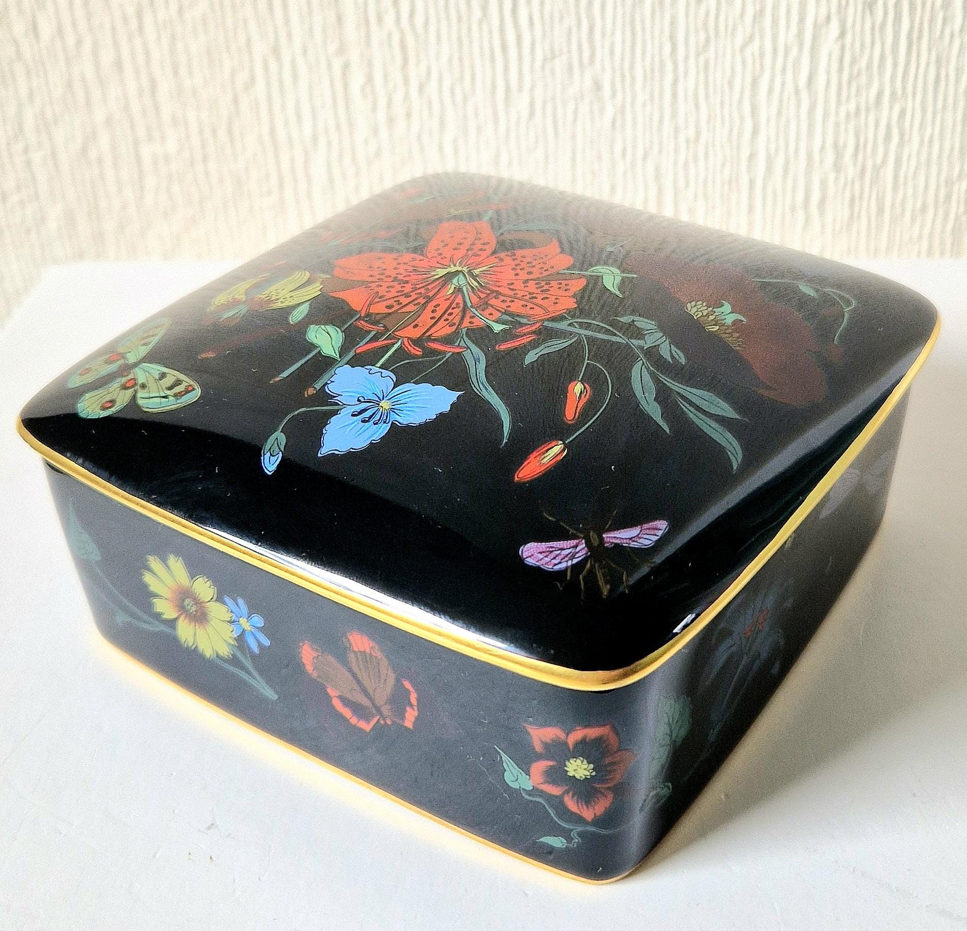 Vintage 1970's Bernardaud Gucci Limoges Porcelain Box in "Flora Noir" Print By The Artist Vittorio Accornero. Very Rare. Mint Condition.