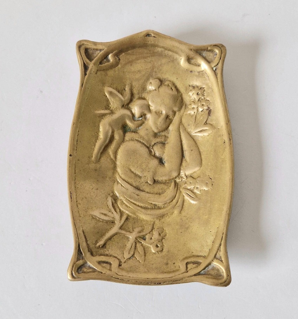 Antique Art Nouveau Jugendstil Heavy Cast Brass Sleeping Lady & Putti Pin Dish