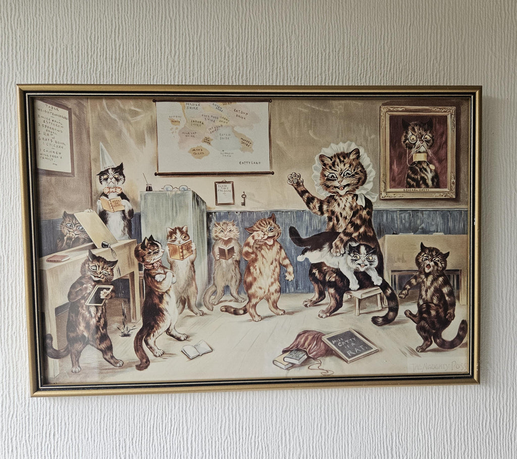 Original Vintage 1980s Lithograph Louis Wain "The Naughty Puss" Framed Picture 17" X 11.5"
