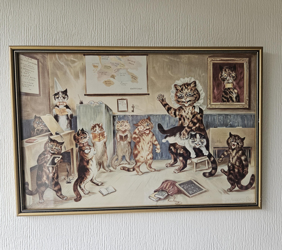 Original Vintage 1980s Lithograph Louis Wain "The Naughty Puss" Framed Picture 17" X 11.5"