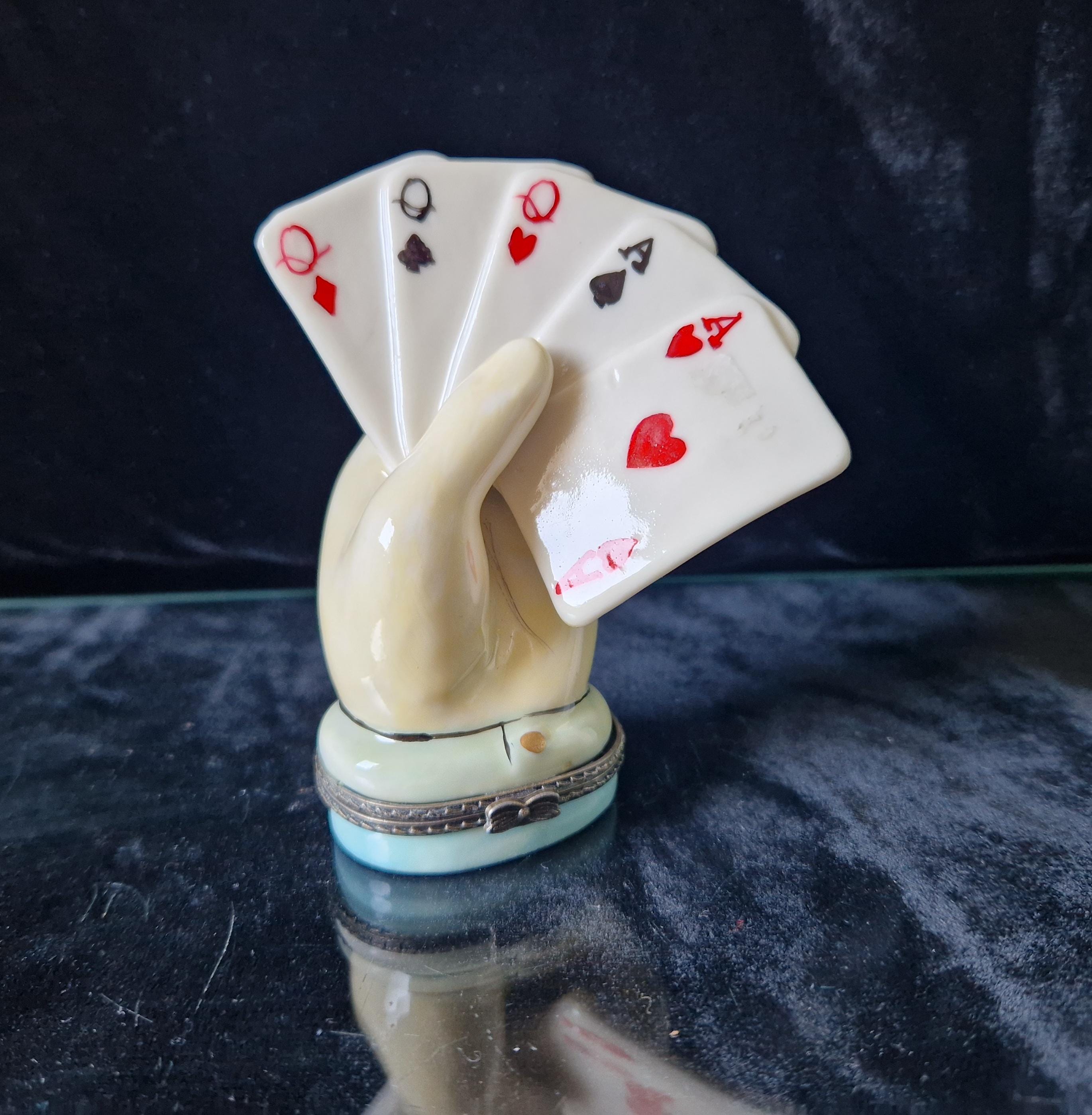 Vintage Rare Limoges Ceramic Poker Hand Full House Card Trinket Pill Box Casino
