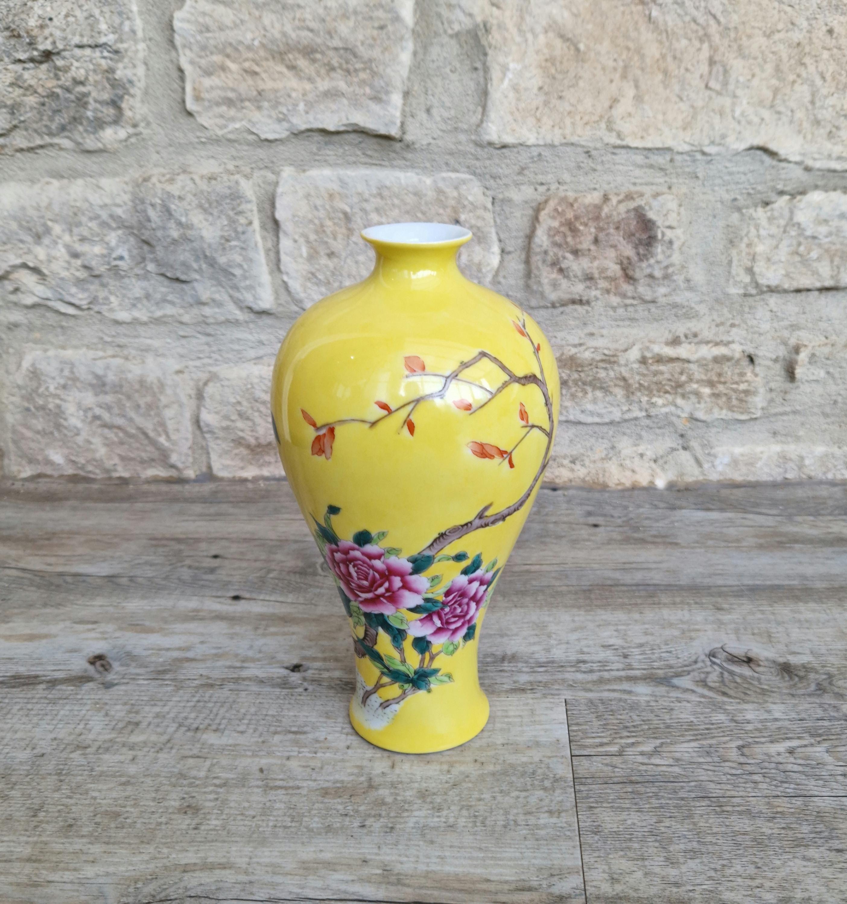 Vintage 20th C. Famille Rose Yellow Ground Meiping Porcelain Vase Hand Painted Peony Blooms