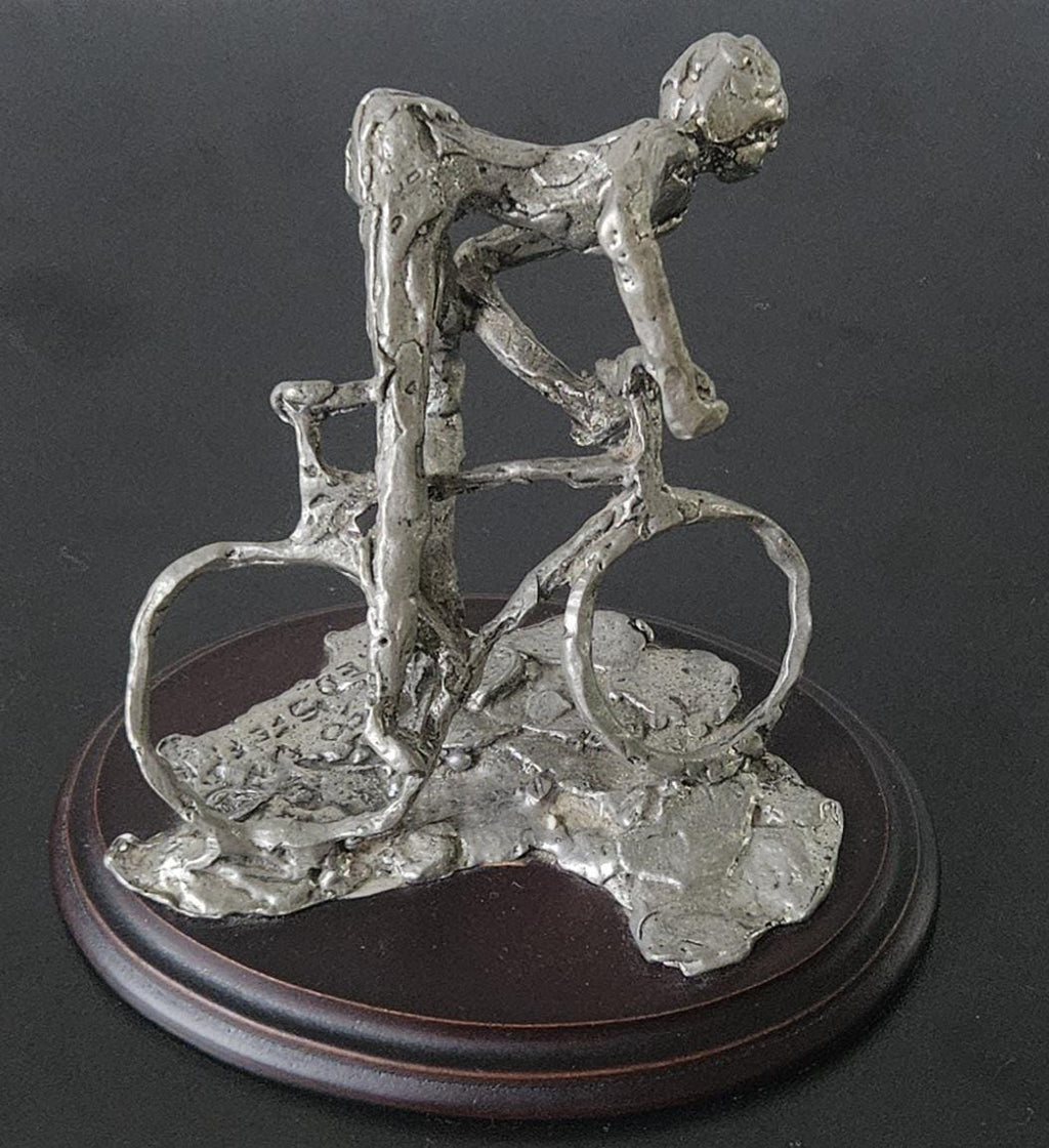 Vintage Pewter Biker Cyclist Sculpture Figure On Plinth Signed Handcrafted 1990s