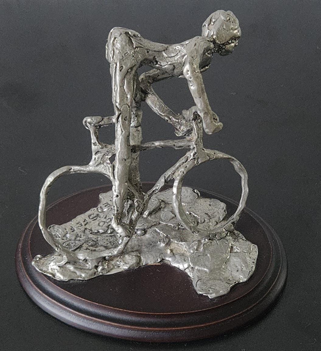 Vintage Pewter Biker Cyclist Sculpture Figure On Plinth Signed Handcrafted 1990s