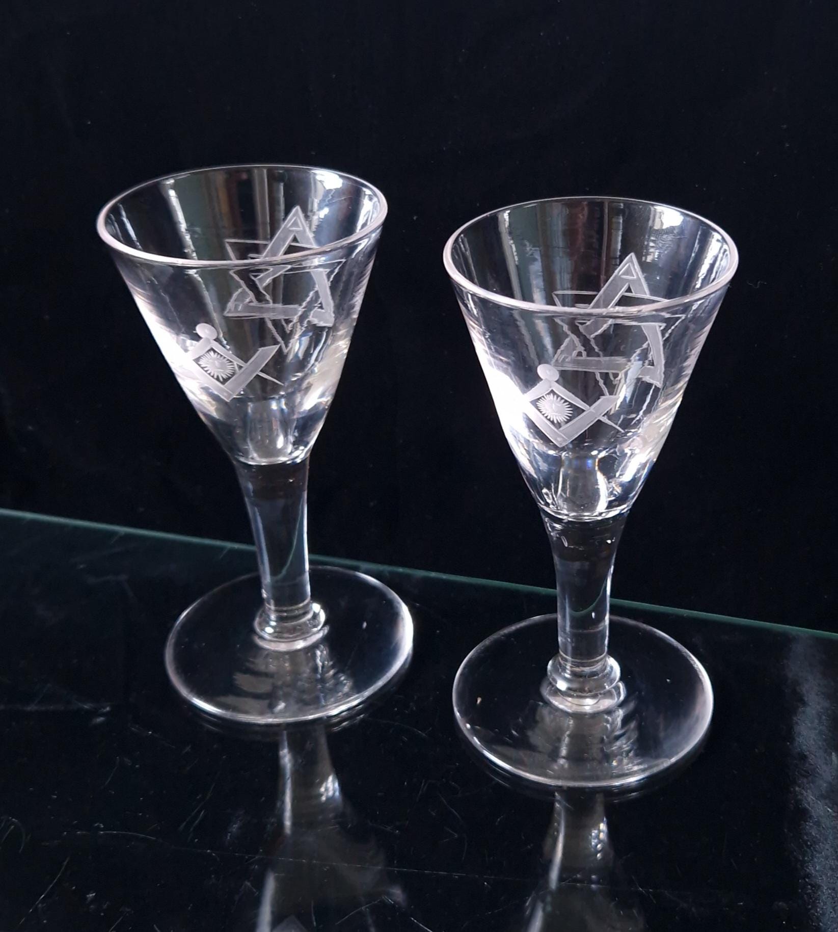 Antique Masonic Port Wine Glasses: 19th Century Engraved Crystal Pair
