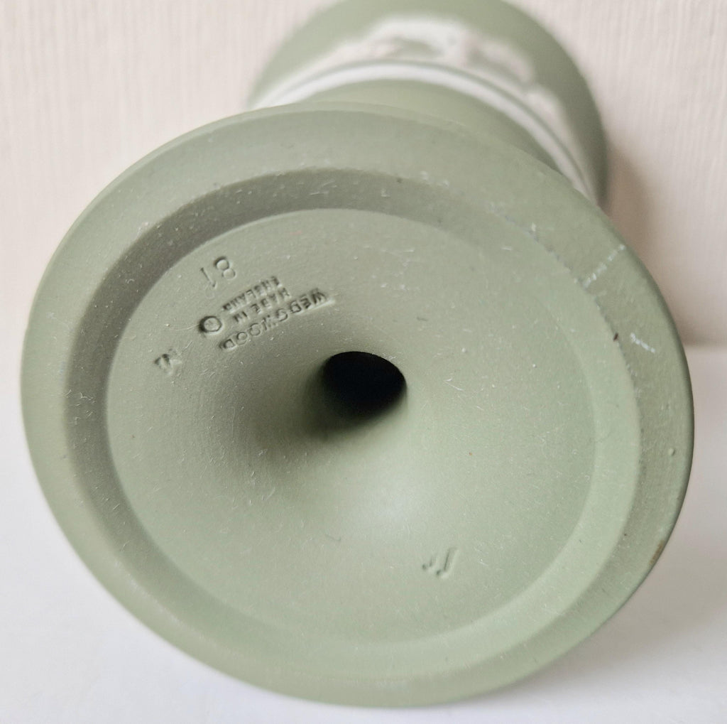 Wedgwood Sage Green Jasperware Arcadian Pedestal Trumpet Mantle Vase - Vintage.Made in England 17cm Tall