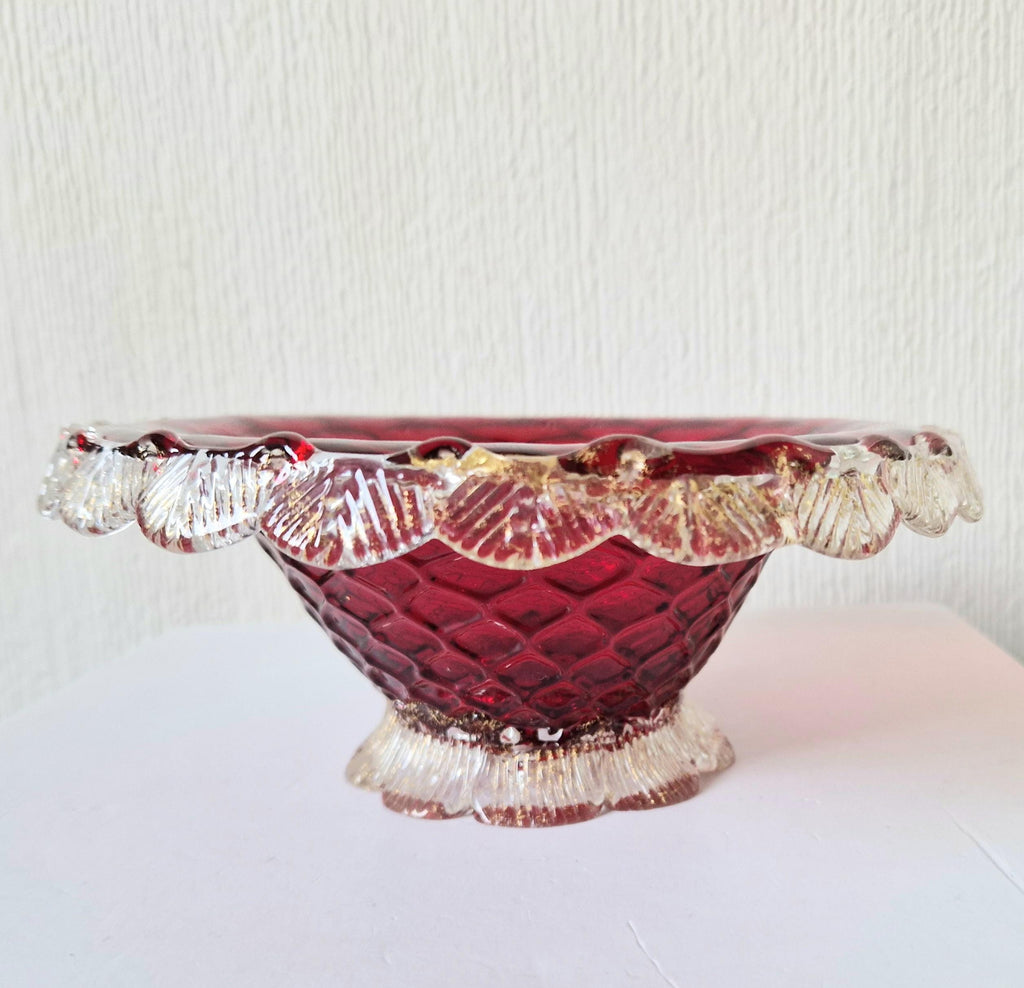 1960's Ruby Red & Gold Flecks Salviati Venetian Art Glass Pedestal Bowl