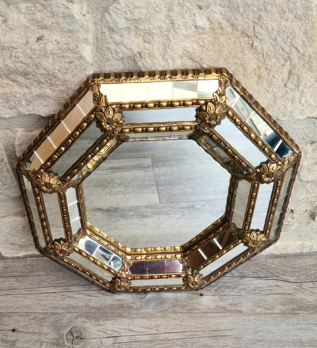 Vintage Small Octagonal Venetian Mirror Hollywood Regency Brass Floral Accents 29.5cm Italy 1970s